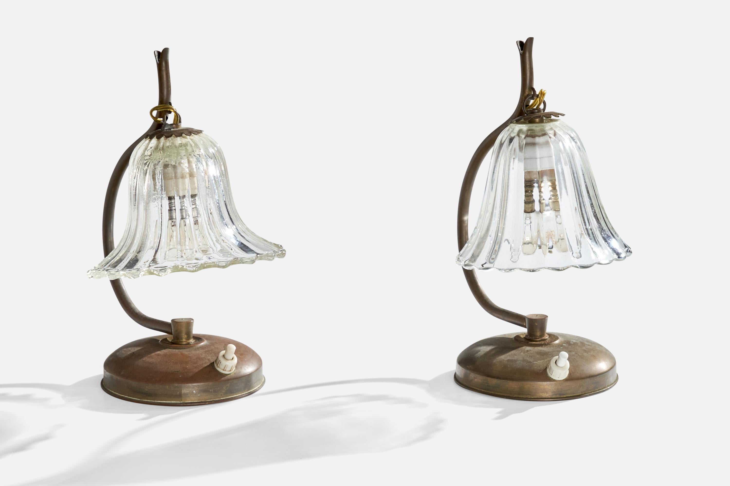 Modern Italian Designer, Table Lamps, Brass, Glass, Italy, 1940s For Sale
