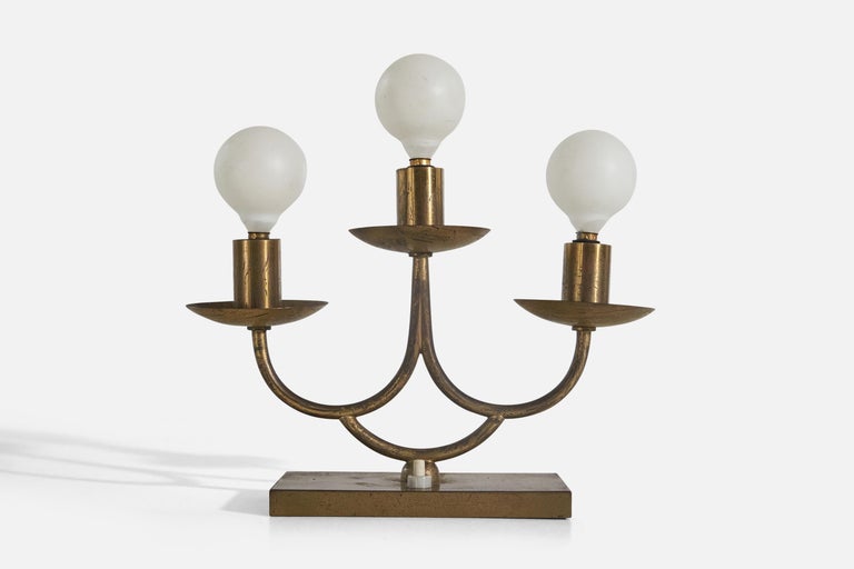 Mid-20th Century Italian Designer, Table Lamps, Brass, Glass, Italy, 1940s For Sale