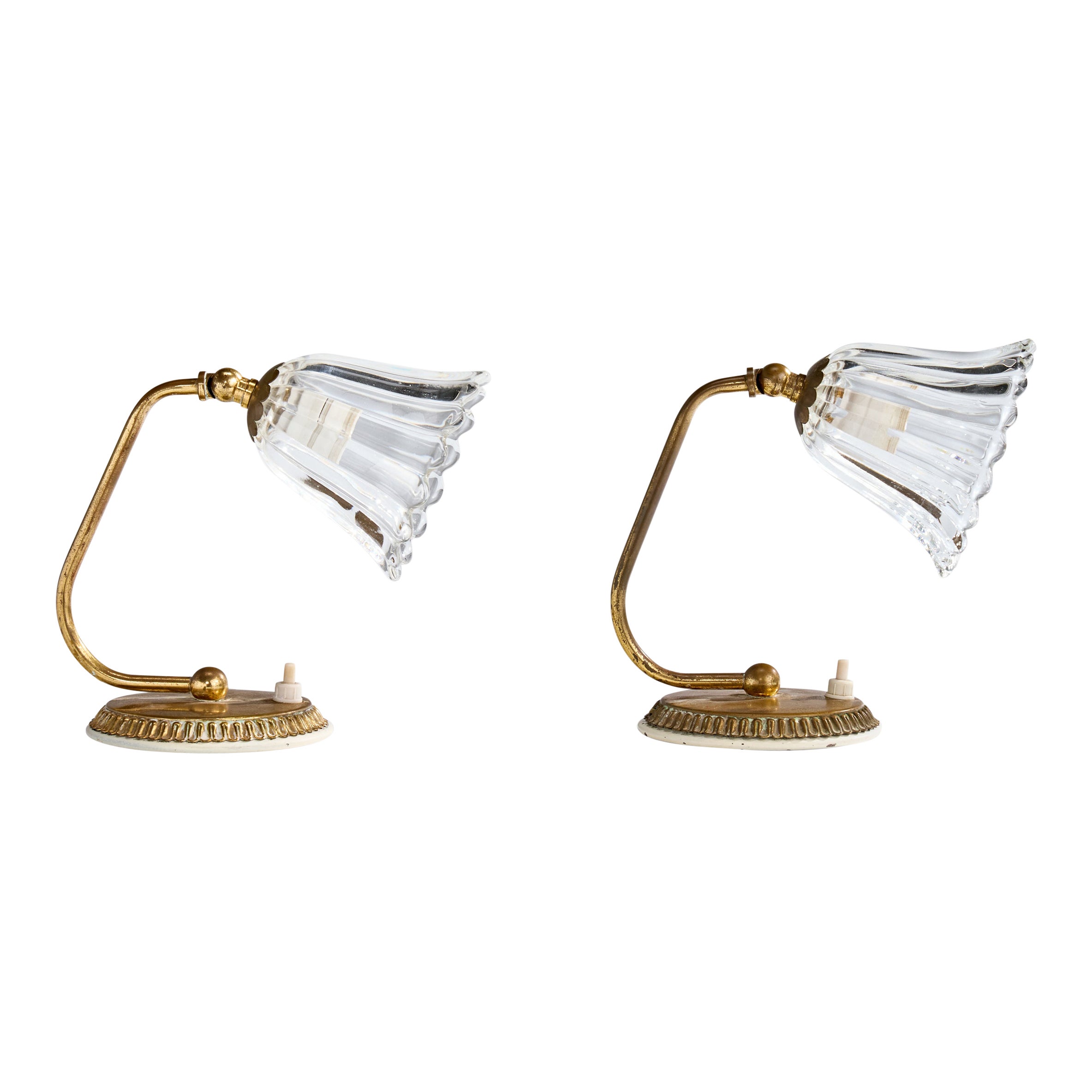 Italian Designer, Table Lamps, Brass, Glass, Italy, 1940s