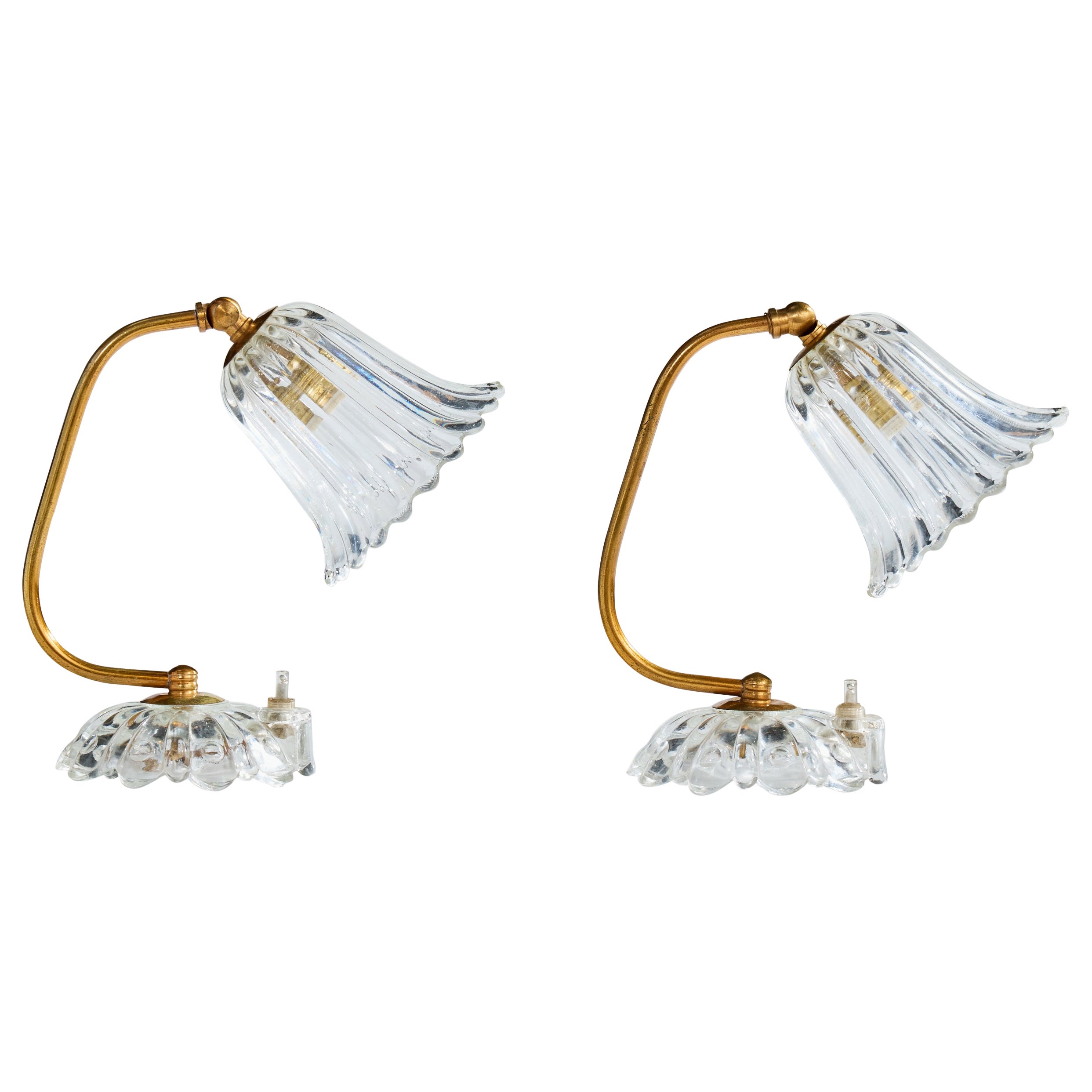 Italian Designer, Table Lamps, Brass, Glass, Italy, 1940s