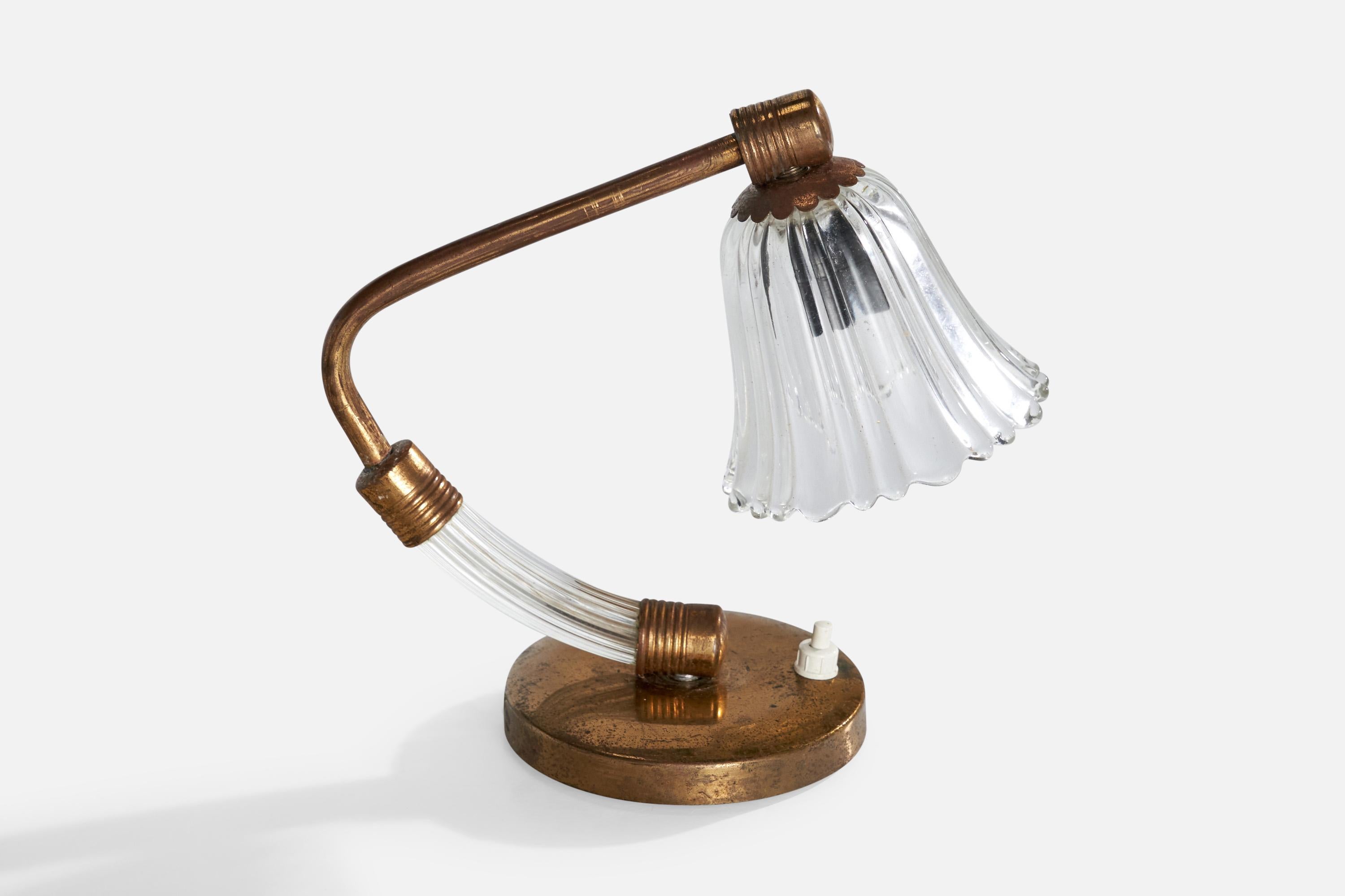 Mid-Century Modern Italian Designer, Table Lamps, Brass, Glass, Italy, 1950s For Sale