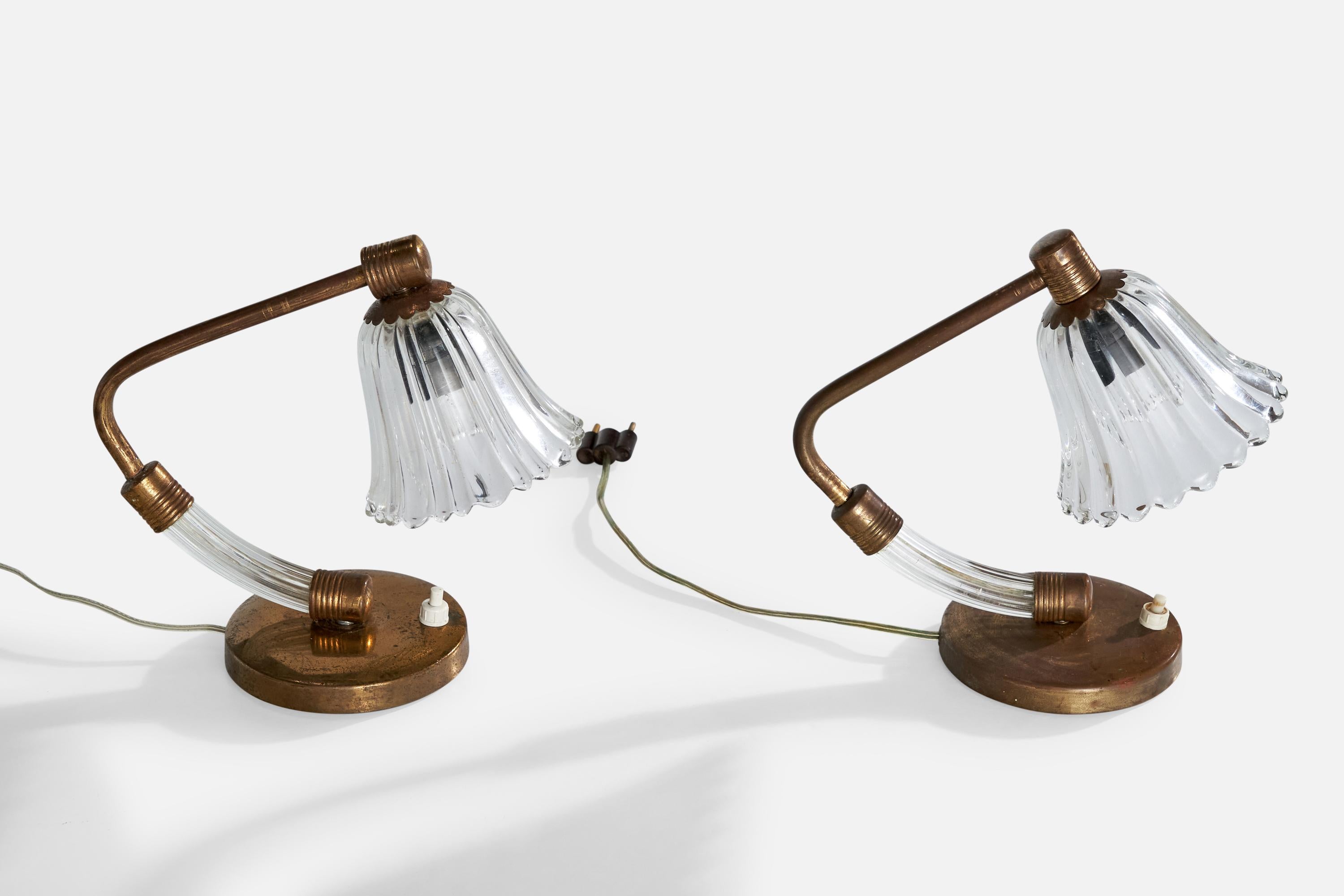 Italian Designer, Table Lamps, Brass, Glass, Italy, 1950s For Sale 2
