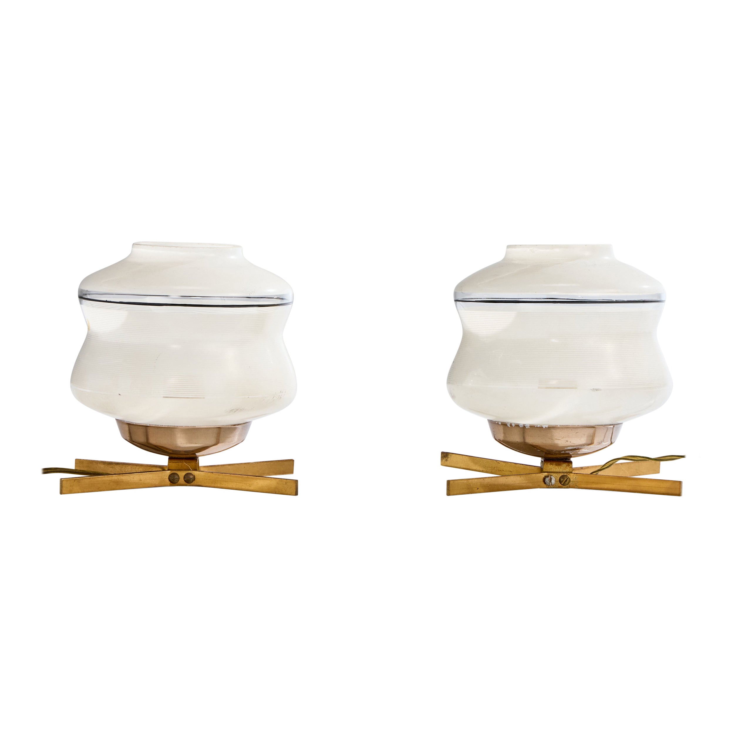 Créateur italien, lampes de bureau, laiton, verre, Italie, années 1950