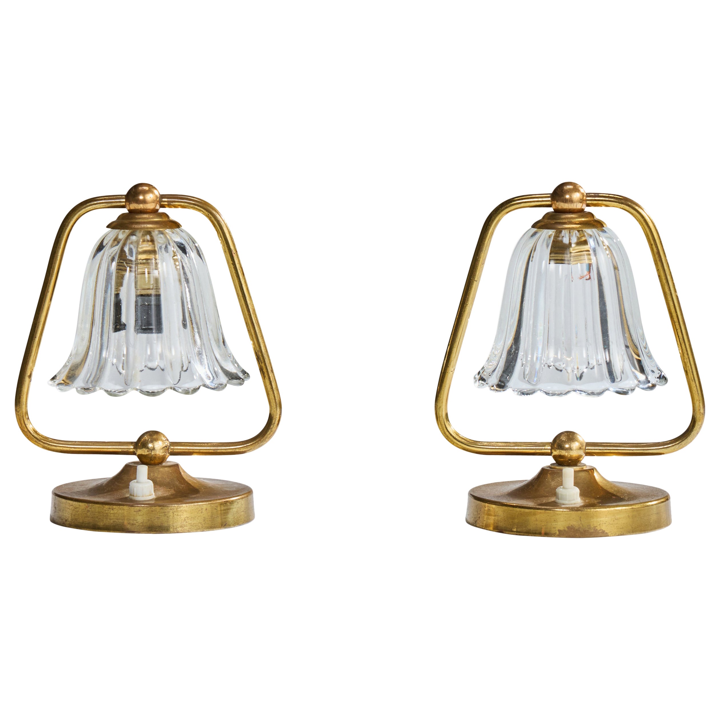 Italian Designer, Table Lamps, Brass, Glass, Italy, 1950s