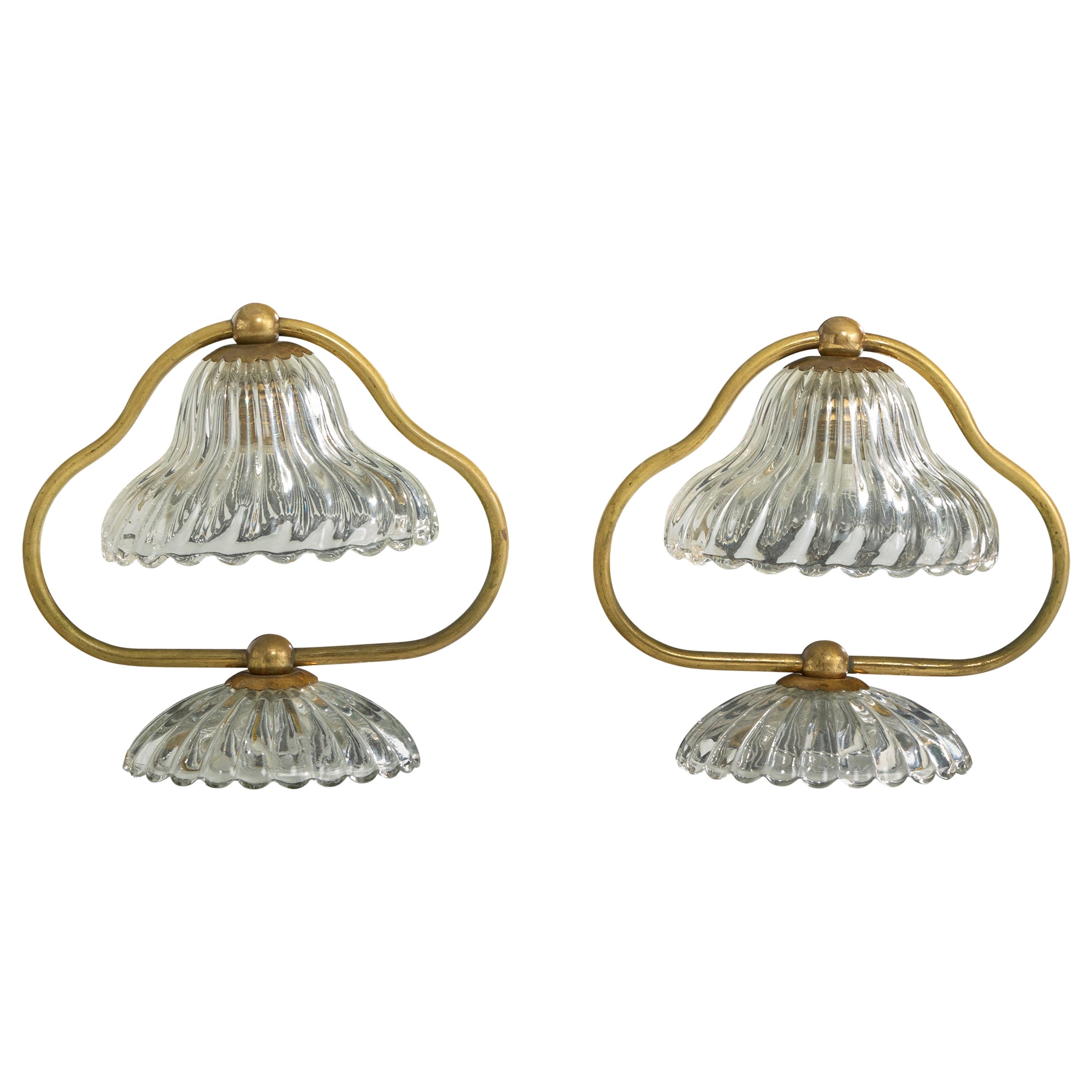 Italian Designer, Table Lamps, Brass, Glass, Italy, 1950s For Sale