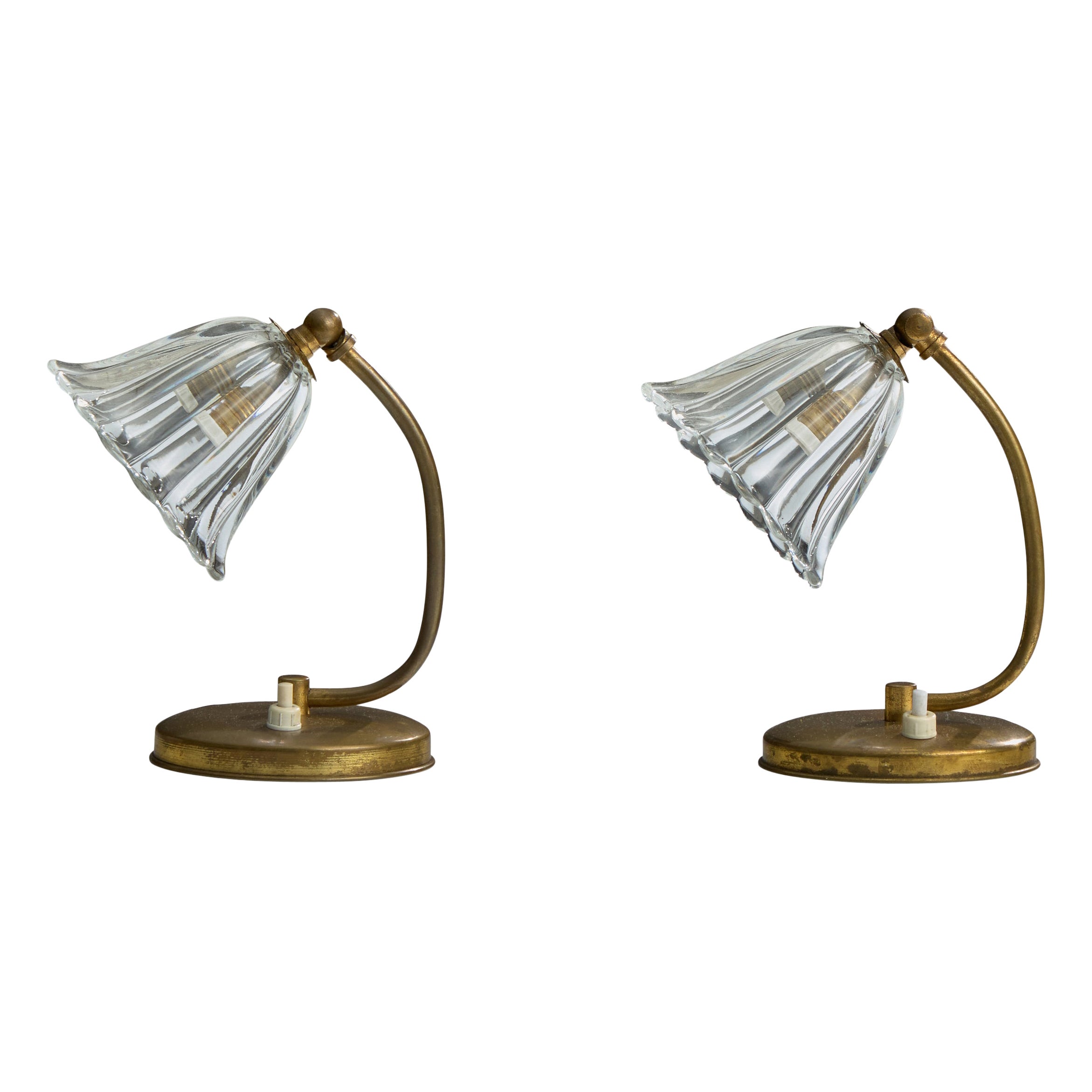 Italian Designer, Table Lamps, Brass, Glass, Italy, 1950s