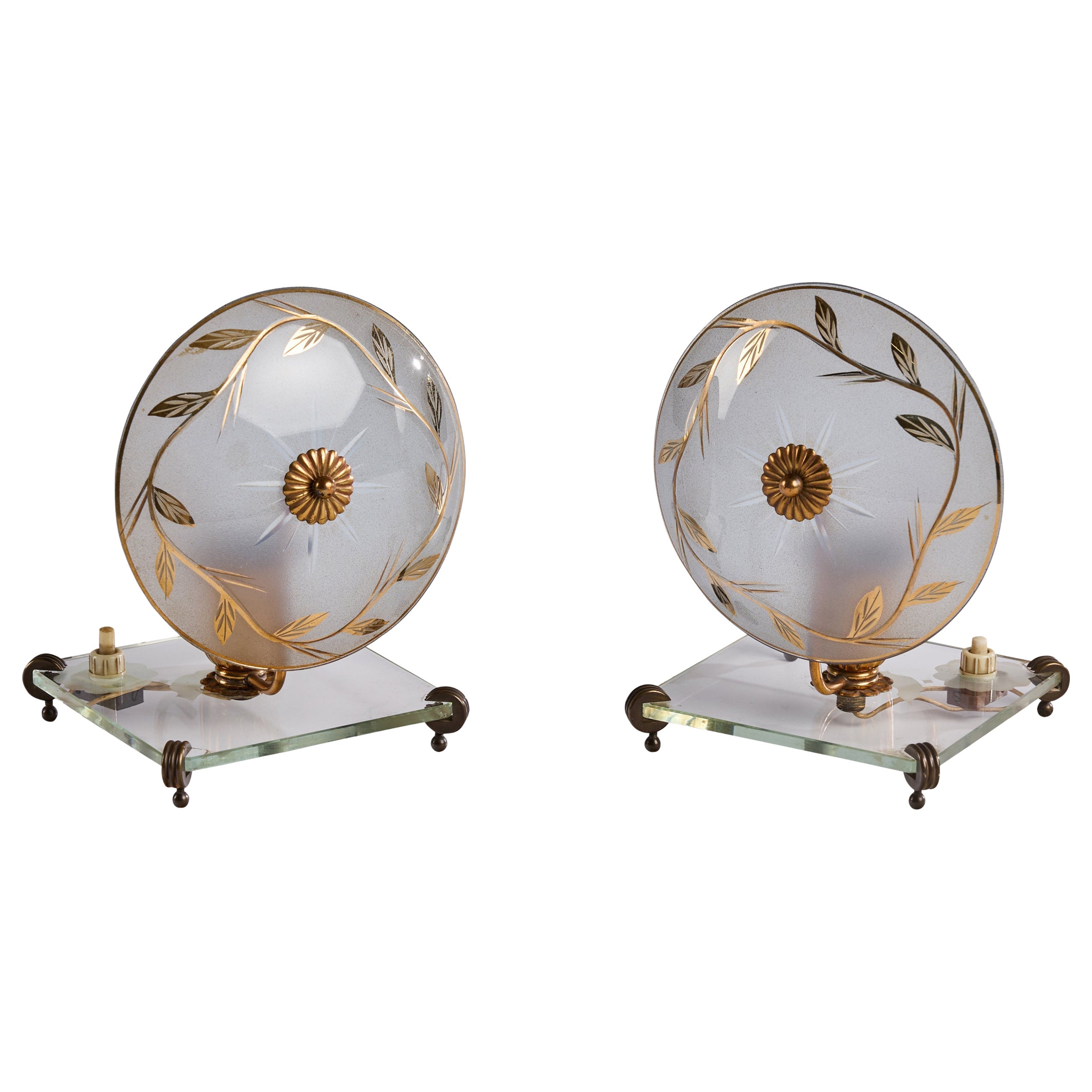 Italian Designer, Table Lamps, Brass, Glass, Italy, 1950s For Sale