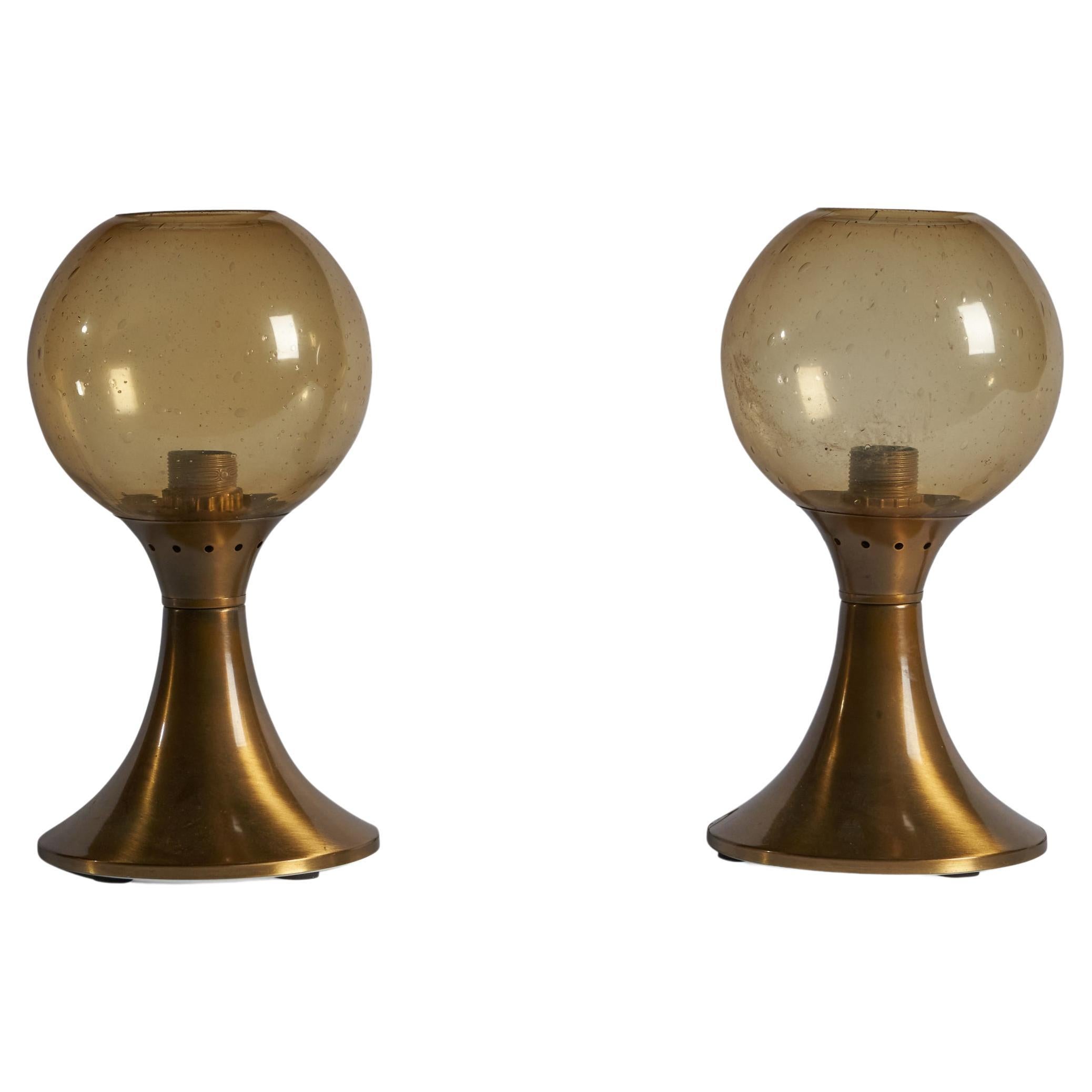 Italian Designer, Table Lamps, Brass, Glass, Italy, 1970s For Sale