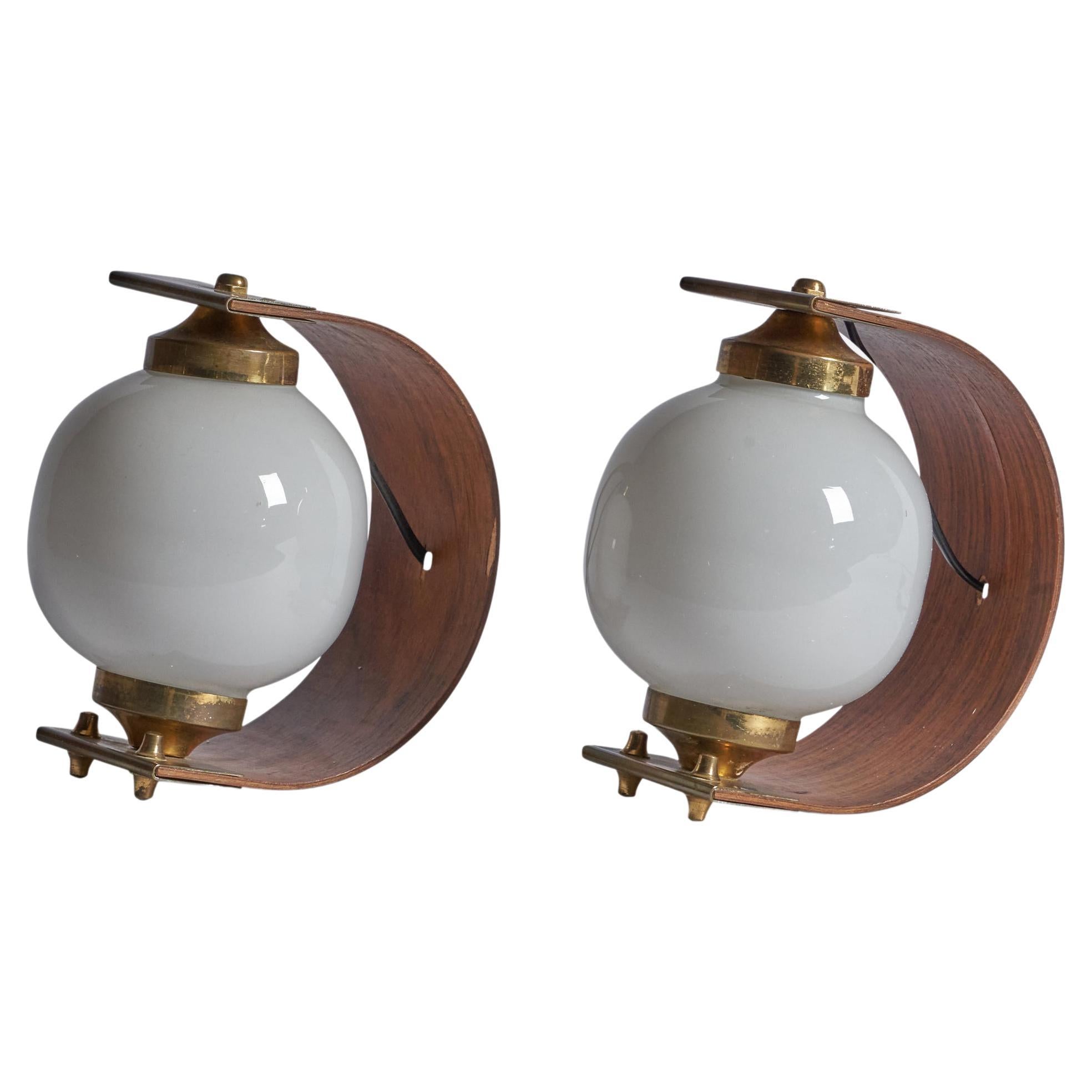 Italian Designer, Table Lamps, Brass, Glass, Wood, Italy, 1950s For Sale