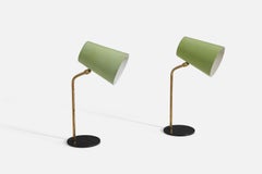 Italian Designer, Table Lamps, Brass, Green-Lacquered Metal, Italy, 1950s