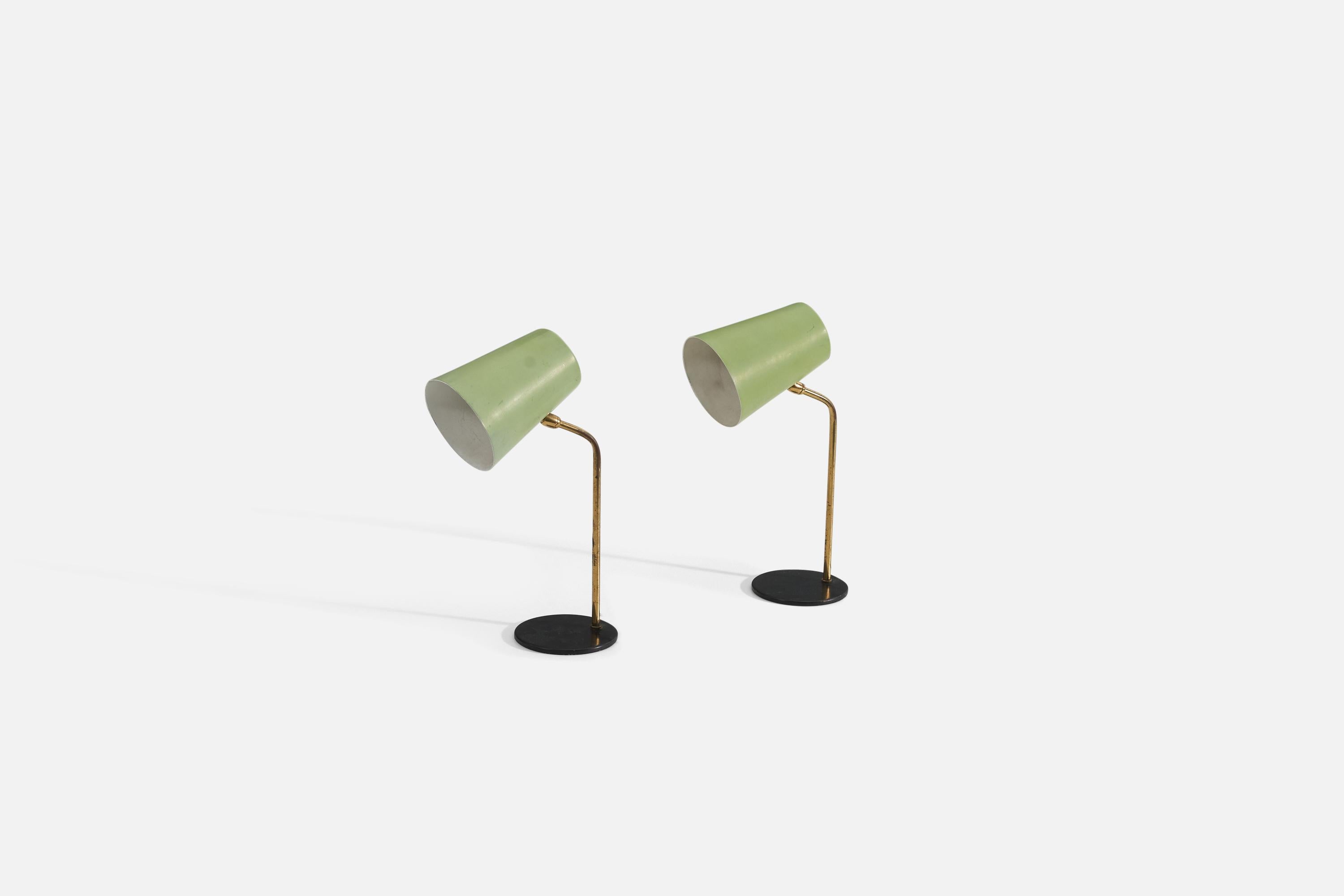 Mid-Century Modern Italian Designer, Table Lamps, Brass, Green-Lacquered Metal, Italy, 1950s For Sale
