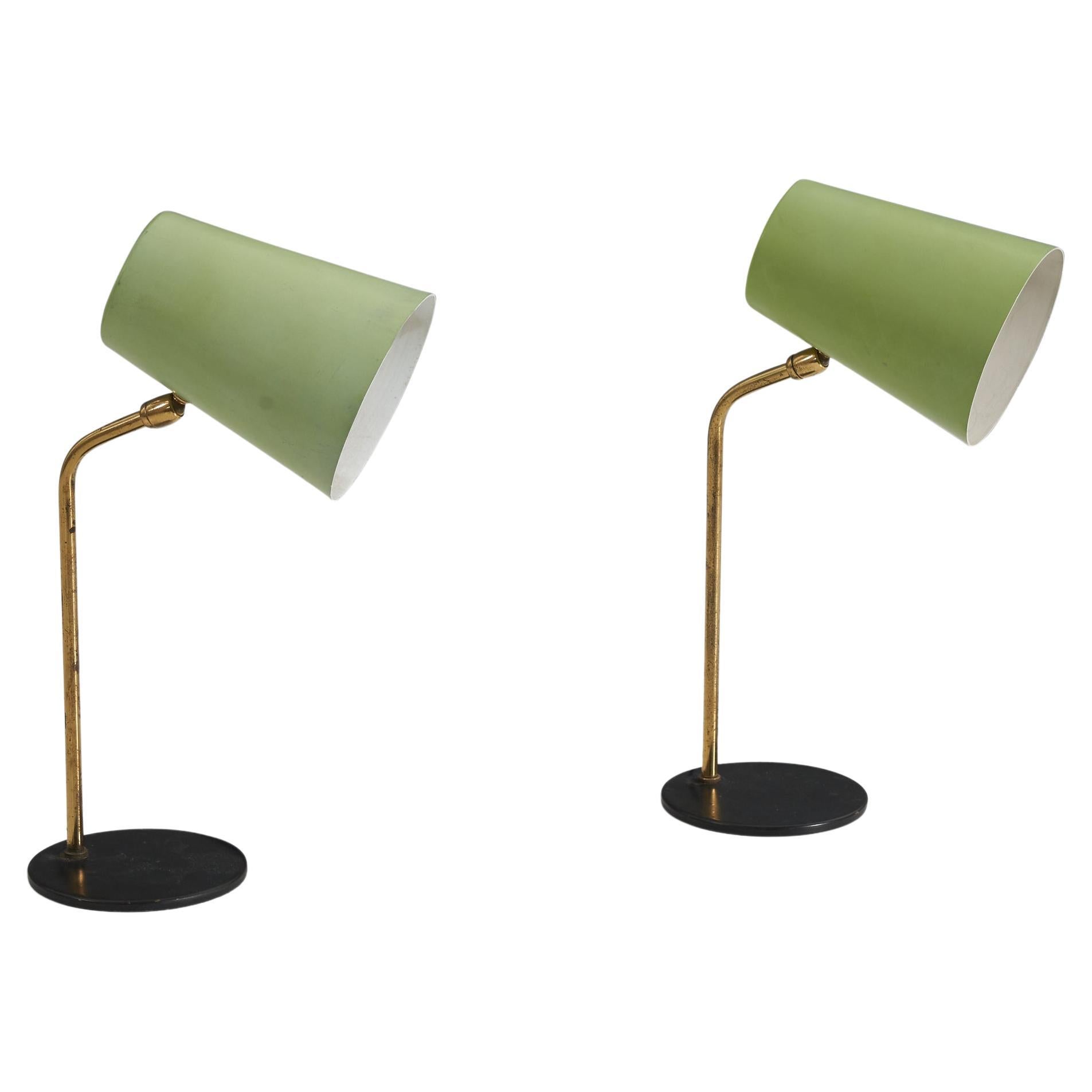 Italian Designer, Table Lamps, Brass, Green-Lacquered Metal, Italy, 1950s