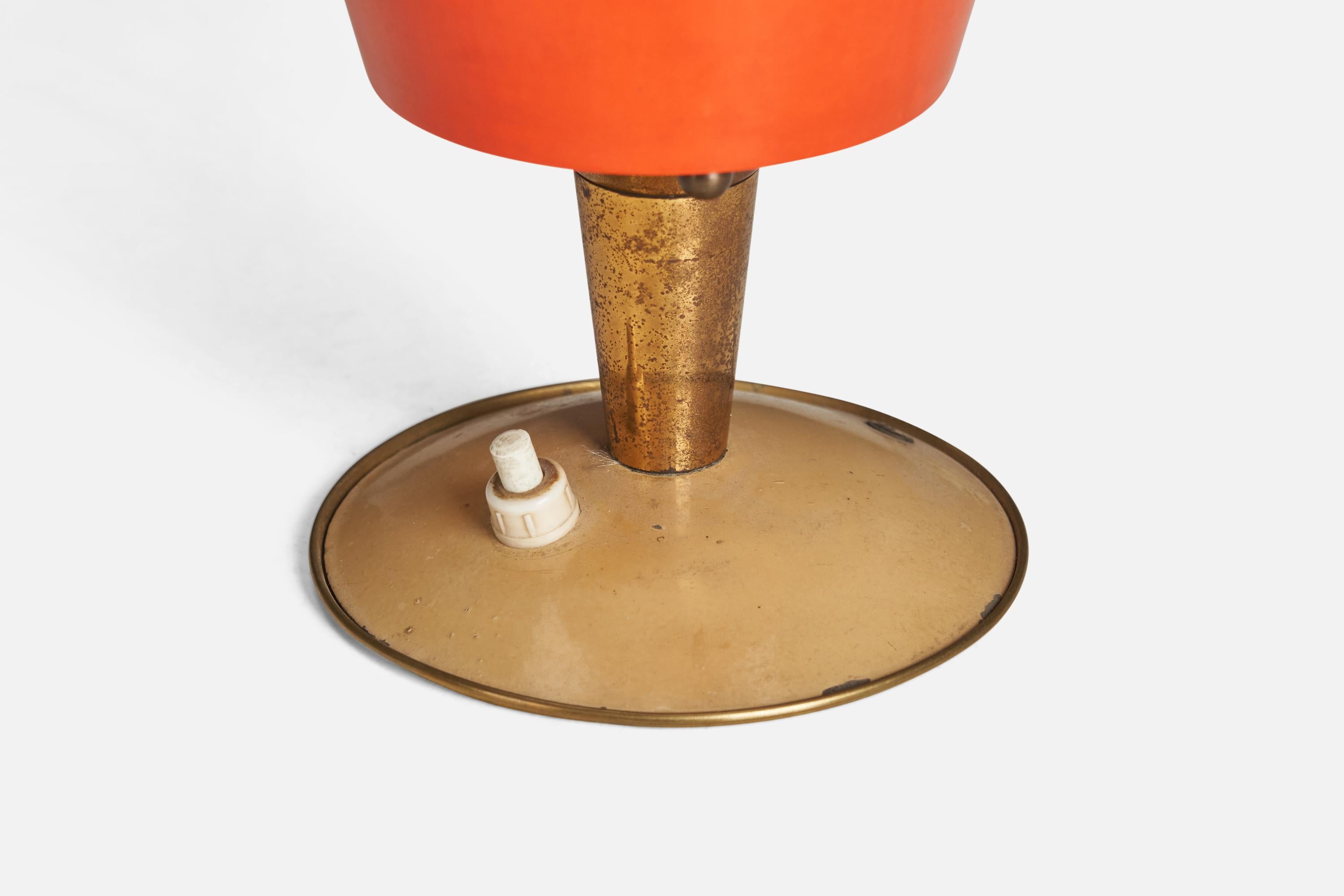 Mid-20th Century Italian Designer, Table Lamps, Brass, Yellow, White and Red Acrylic, Italy 1950s For Sale