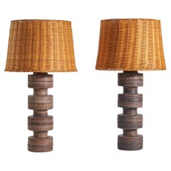 Italian Designer, Table Lamps, Ceramic, Rattan, Italy, 1960s