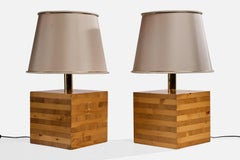Italienischer Designer, Tischlampen, Kiefernholz, Messing, Seide, Italien, 1970er Jahre