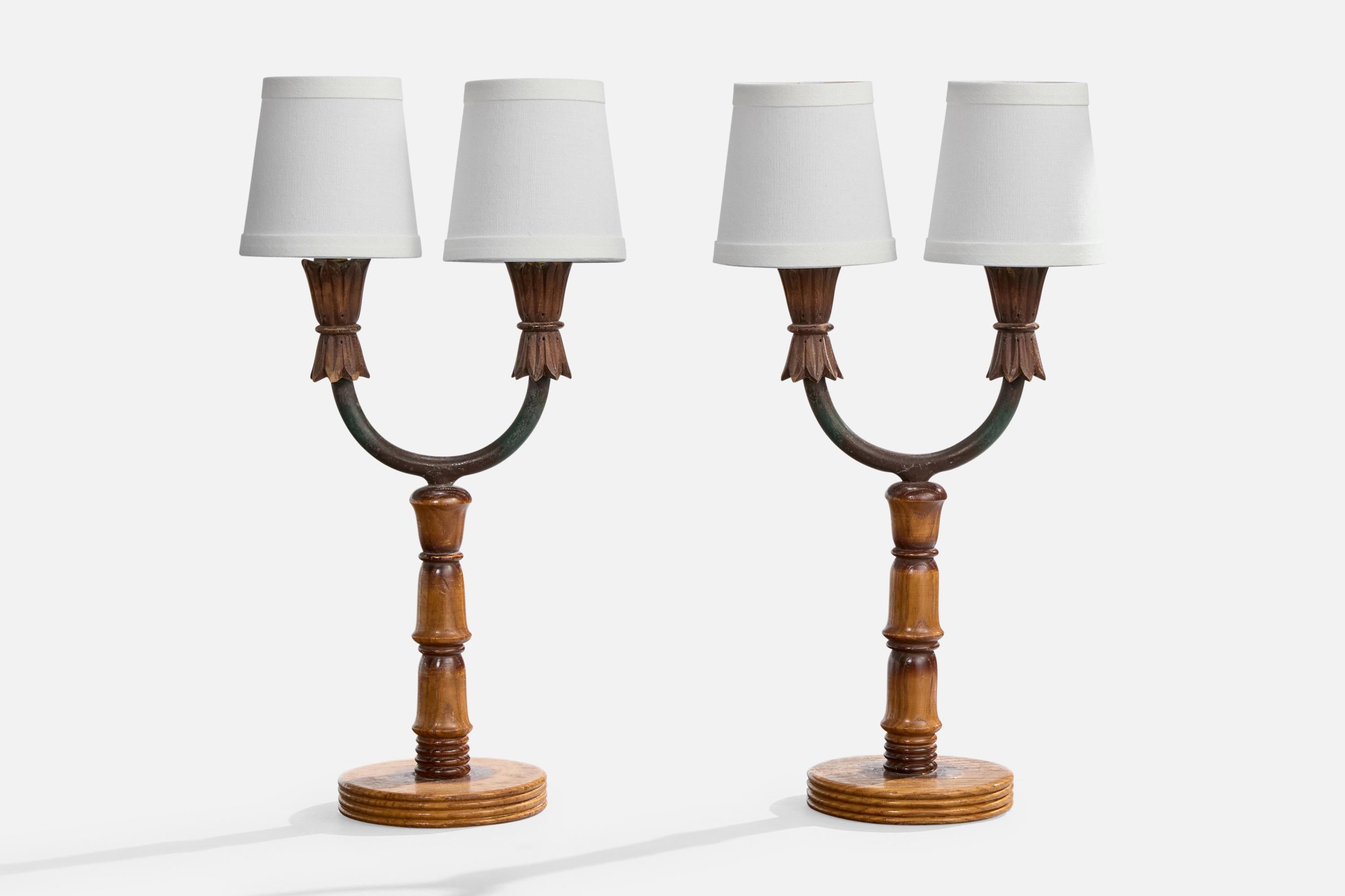 A pair of wood, green-painted iron and white fabric table lamps designed and produced in Italy, c. 1940s.

Dimensions of Lamp with Shade (inches): 16.5” H x 8.5” W x 4.75” D

Bulb Specifications: E-14 incandescent T8

Number of Sockets (per