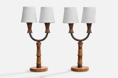 Italian Designer, Table Lamps, Wood, Iron, Fabric, Italy, 1940s