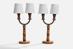 Italian Designer, Table Lamps, Wood, Iron, Fabric, Italy, 1940s