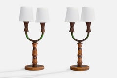 Italian Designer, Table Lamps, Wood, Iron, Fabric, Italy, 1940s