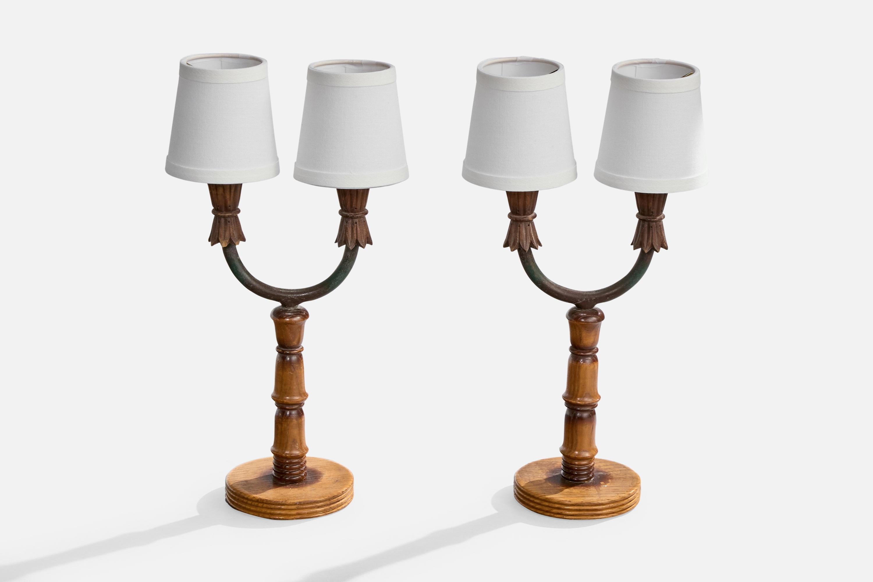Italian Designer, Table Lamps, Wood, Iron, Fabric, Italy, 1940s In Good Condition For Sale In High Point, NC