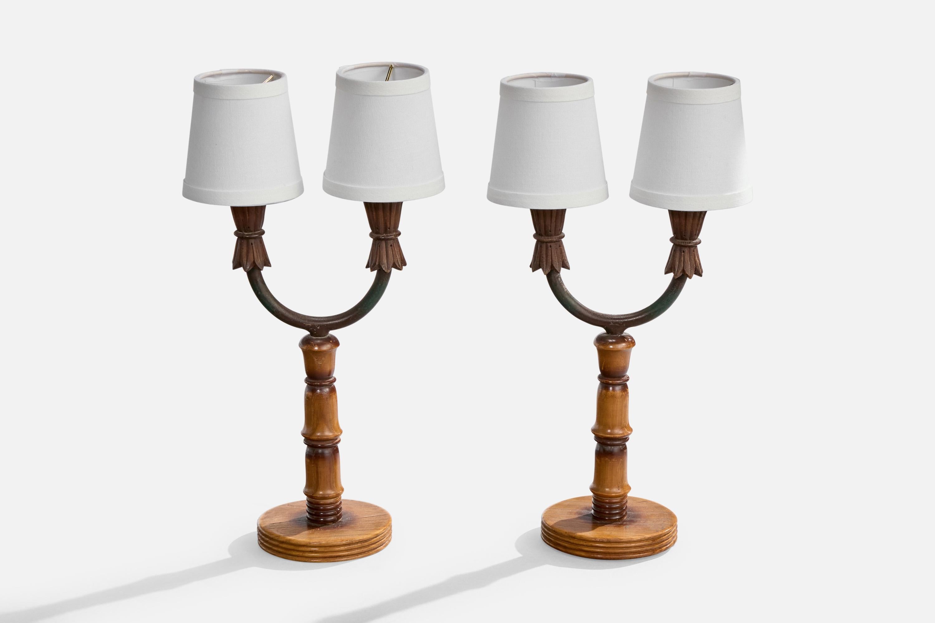 Italian Designer, Table Lamps, Wood, Iron, Fabric, Italy, 1940s In Good Condition For Sale In High Point, NC