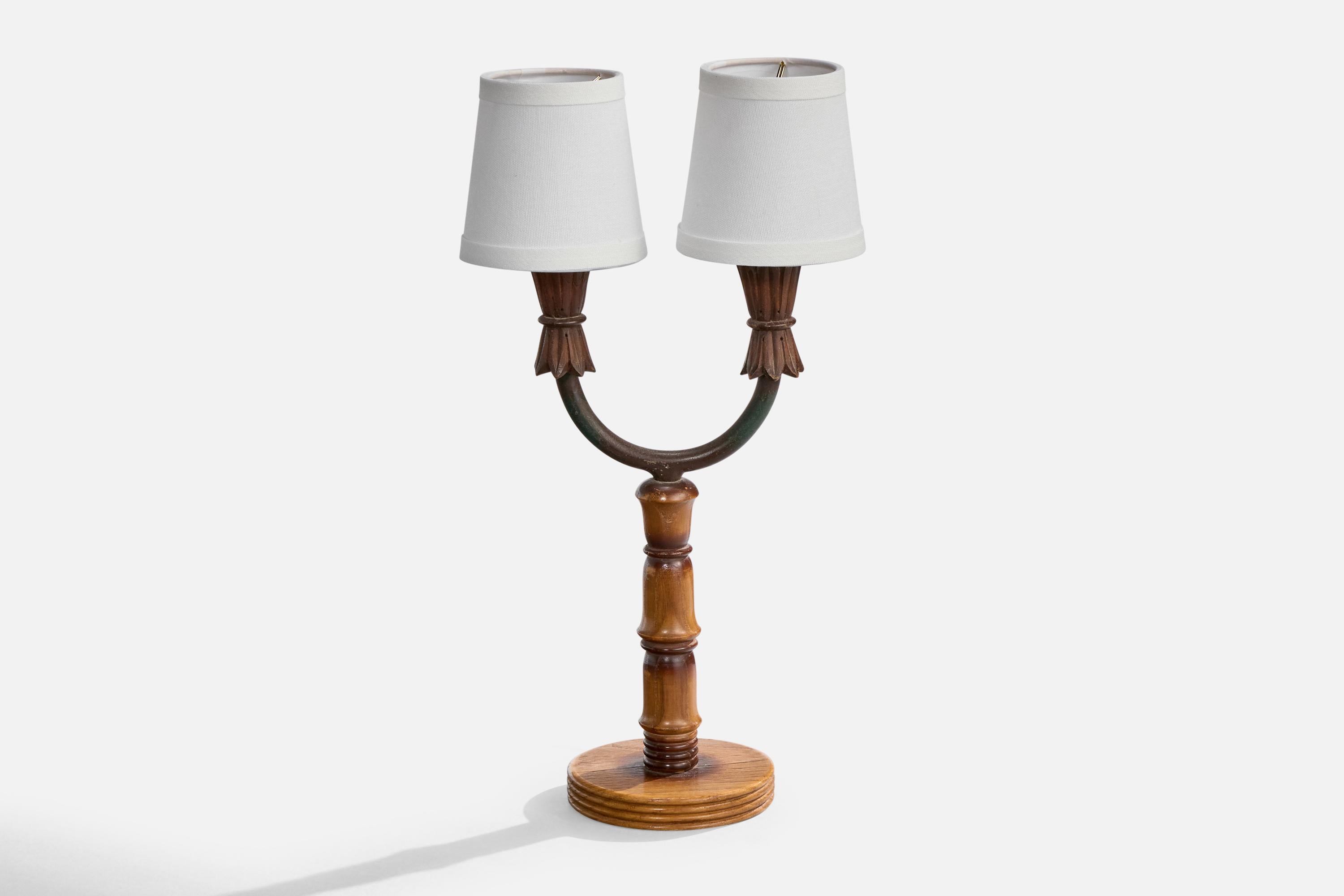 Mid-20th Century Italian Designer, Table Lamps, Wood, Iron, Fabric, Italy, 1940s For Sale