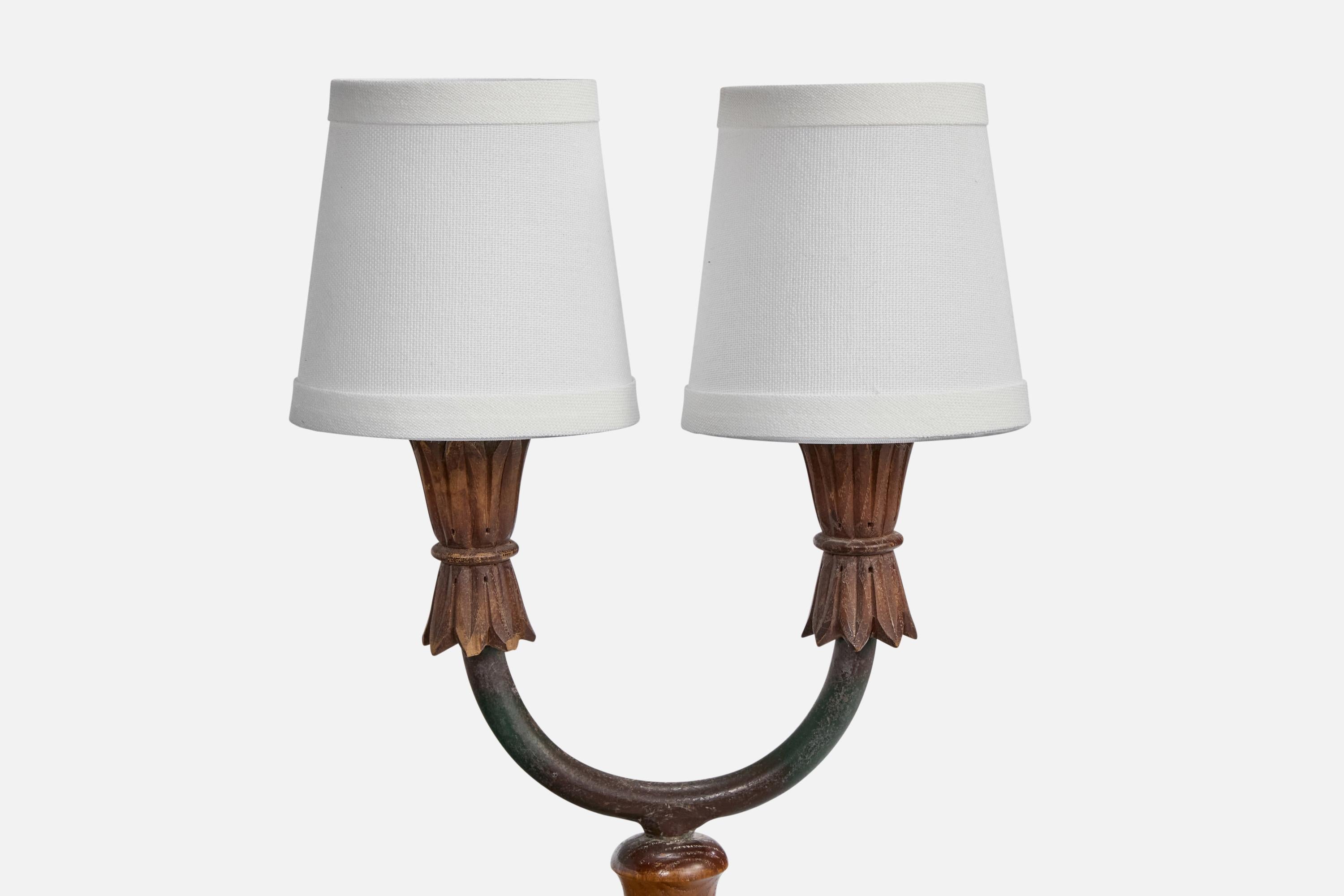 Italian Designer, Table Lamps, Wood, Iron, Fabric, Italy, 1940s For Sale 1