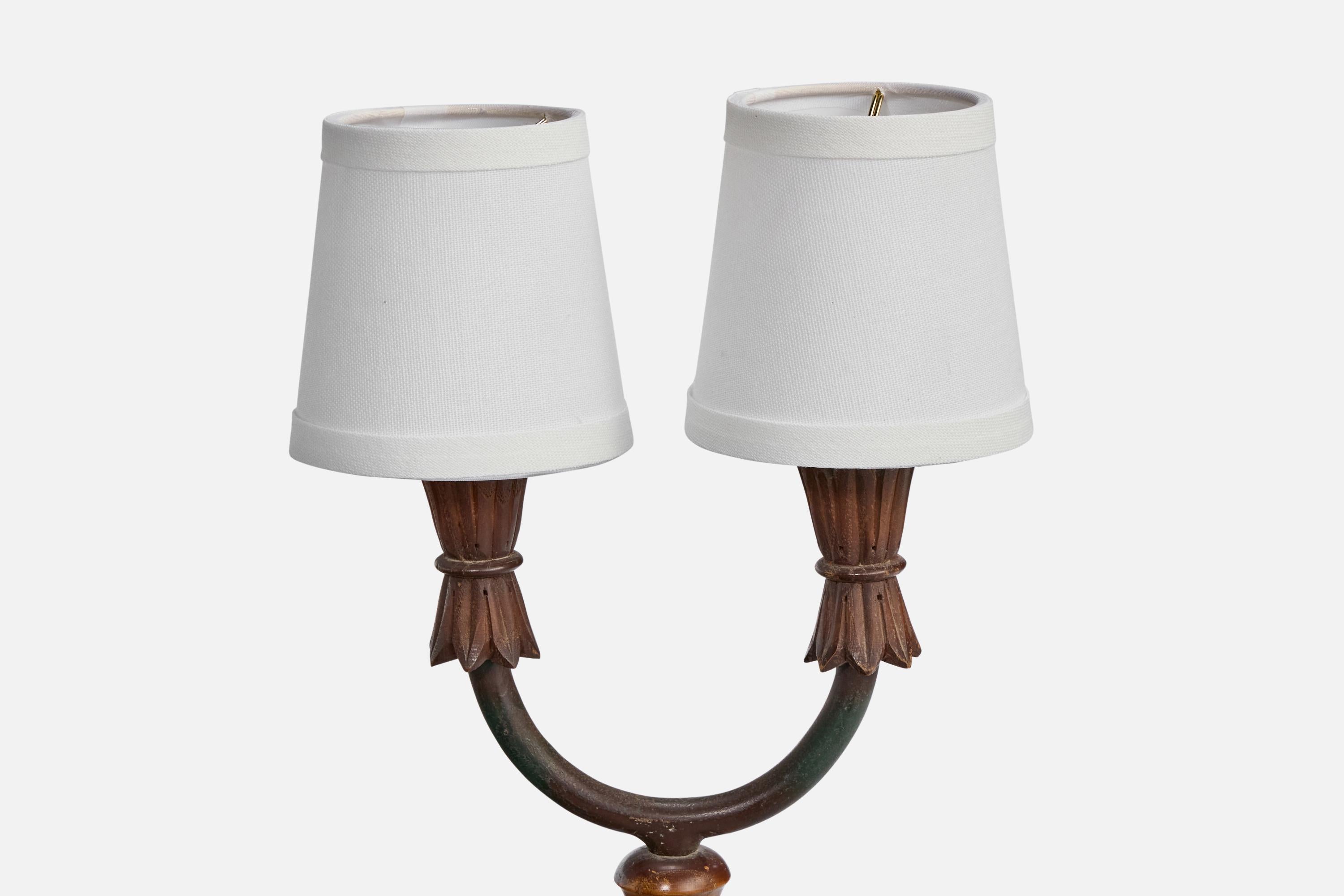 Italian Designer, Table Lamps, Wood, Iron, Fabric, Italy, 1940s For Sale 1