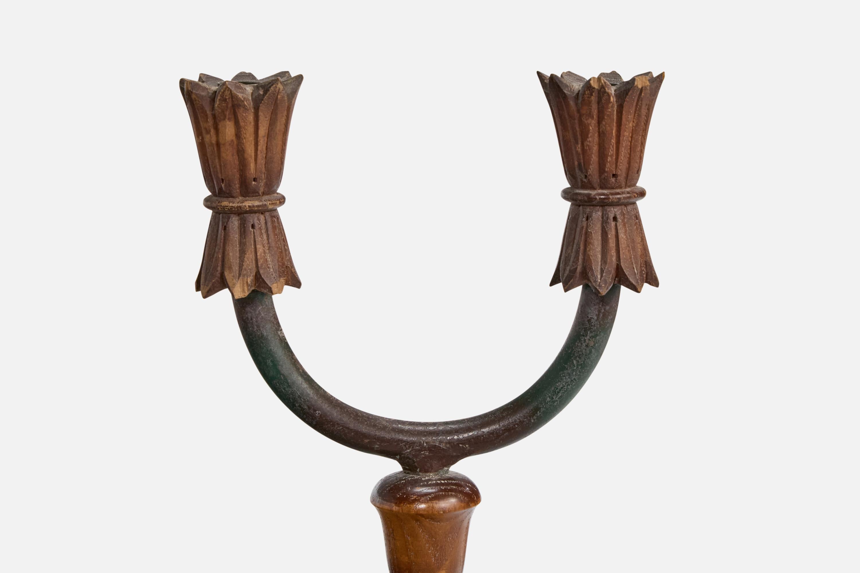Italian Designer, Table Lamps, Wood, Iron, Fabric, Italy, 1940s For Sale 2