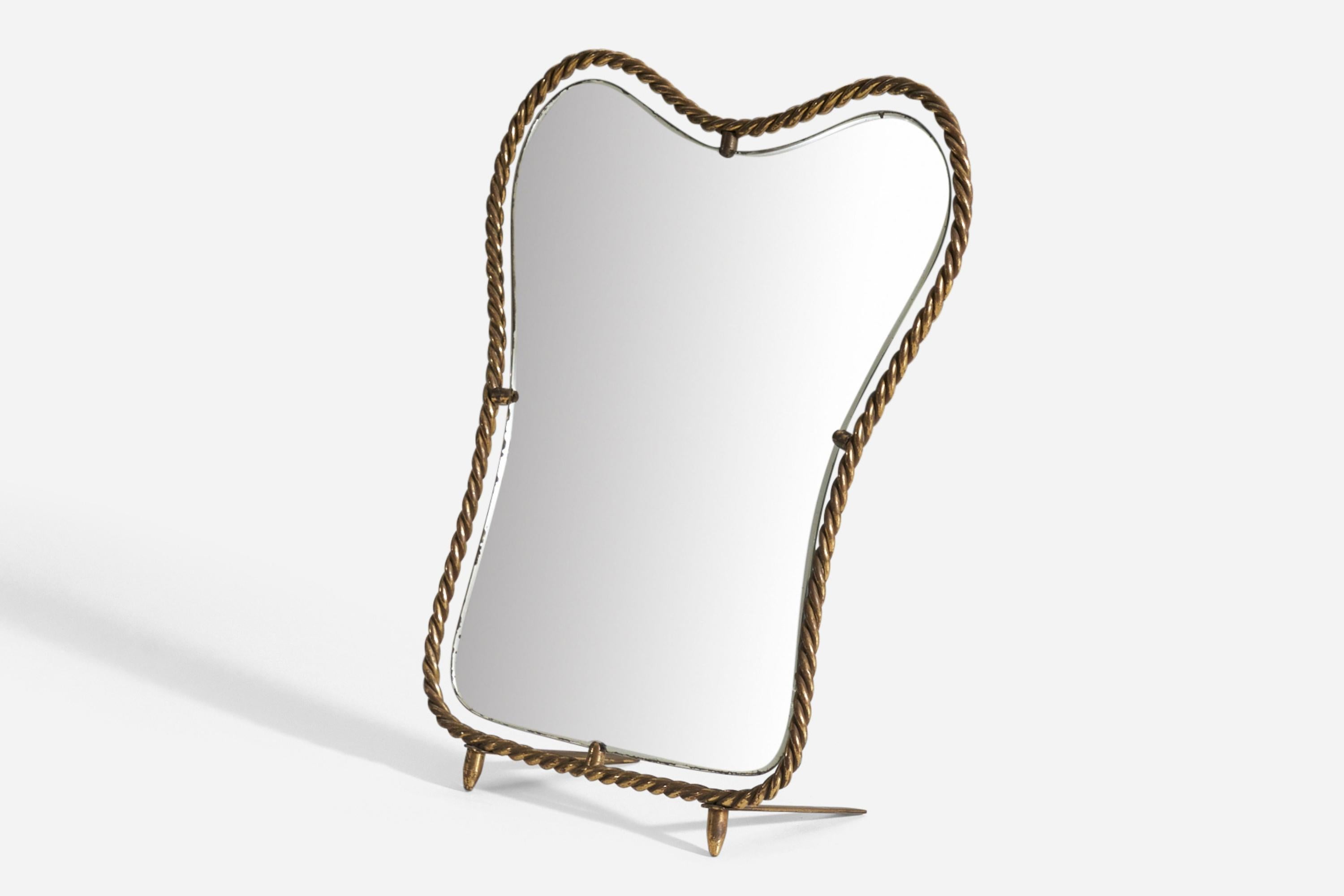 Mid-Century Modern Italian Designer, Table Mirror, Brass, Mirror Glass, Italy 1940s