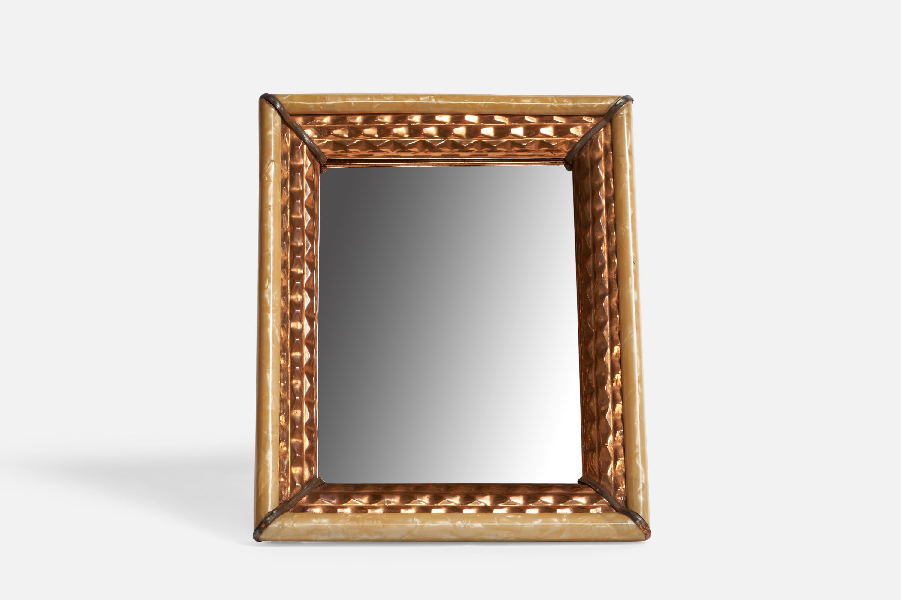 Mid-Century Modern Italian Designer, Table Mirror, Copper, Mother of Pearl, Italy, 1930s For Sale