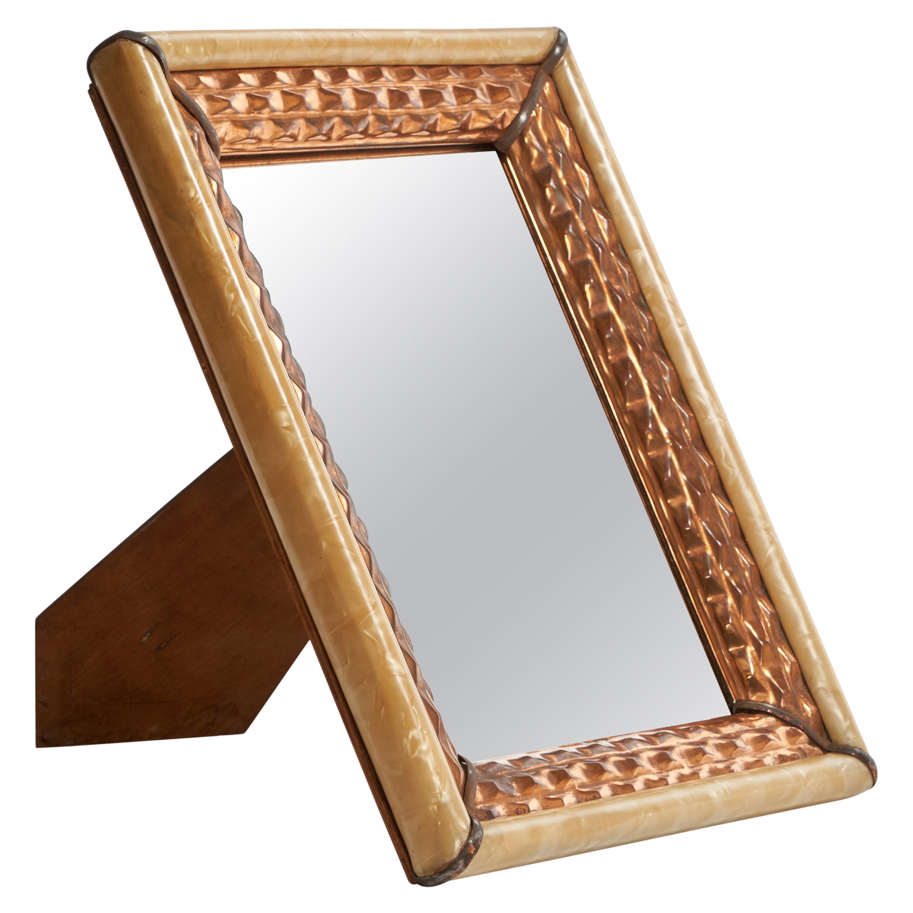 Designer italien, miroir de table, cuivre, nacre, Italie, années 1930 en vente