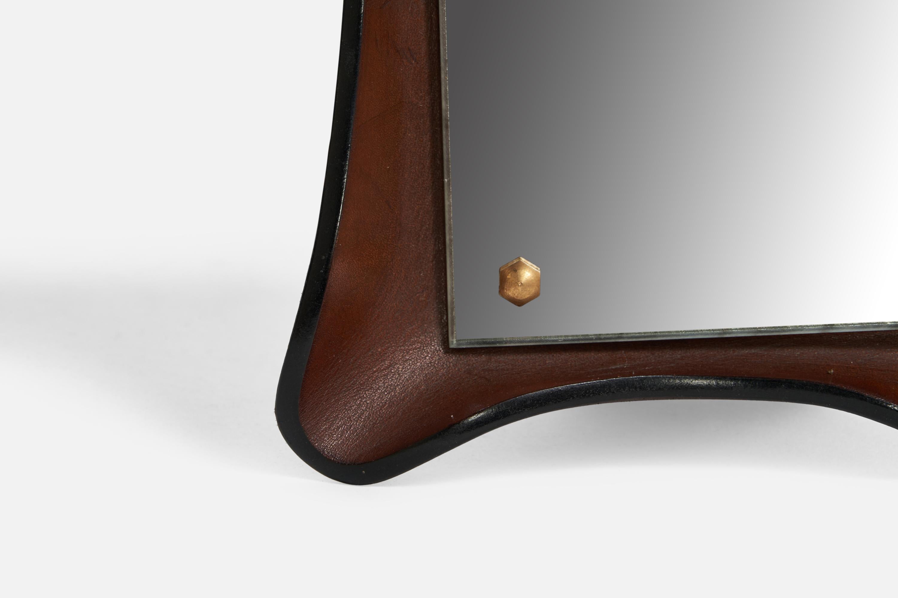 Italian Designer, Table Mirror, Leather, Brass, Italy, 1960s For Sale 1