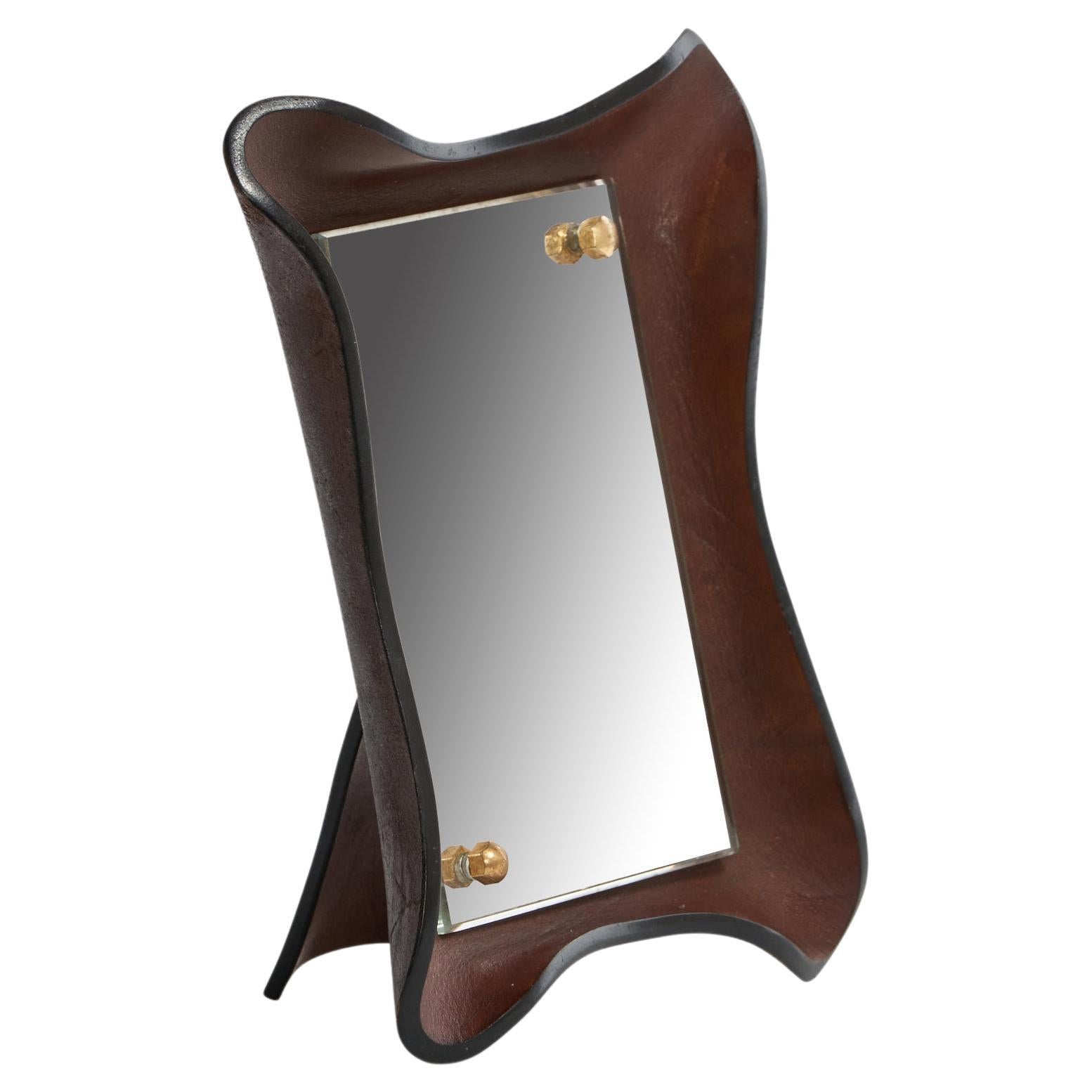 Italian Designer, Table Mirror, Leather, Brass, Italy, 1960s For Sale