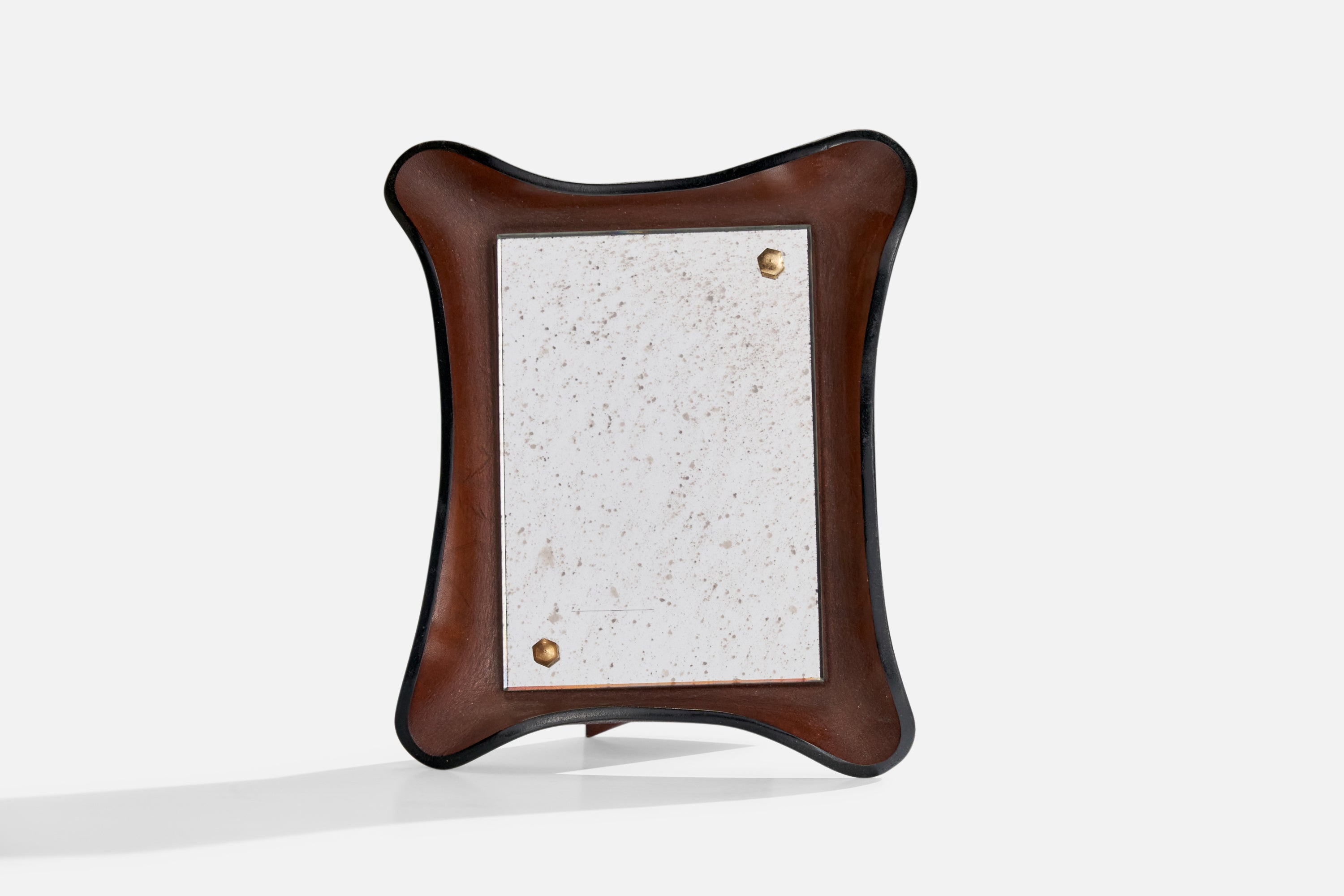 Diseñador italiano, Espejo de mesa, Cuero, Latón, Italia, Años 60
