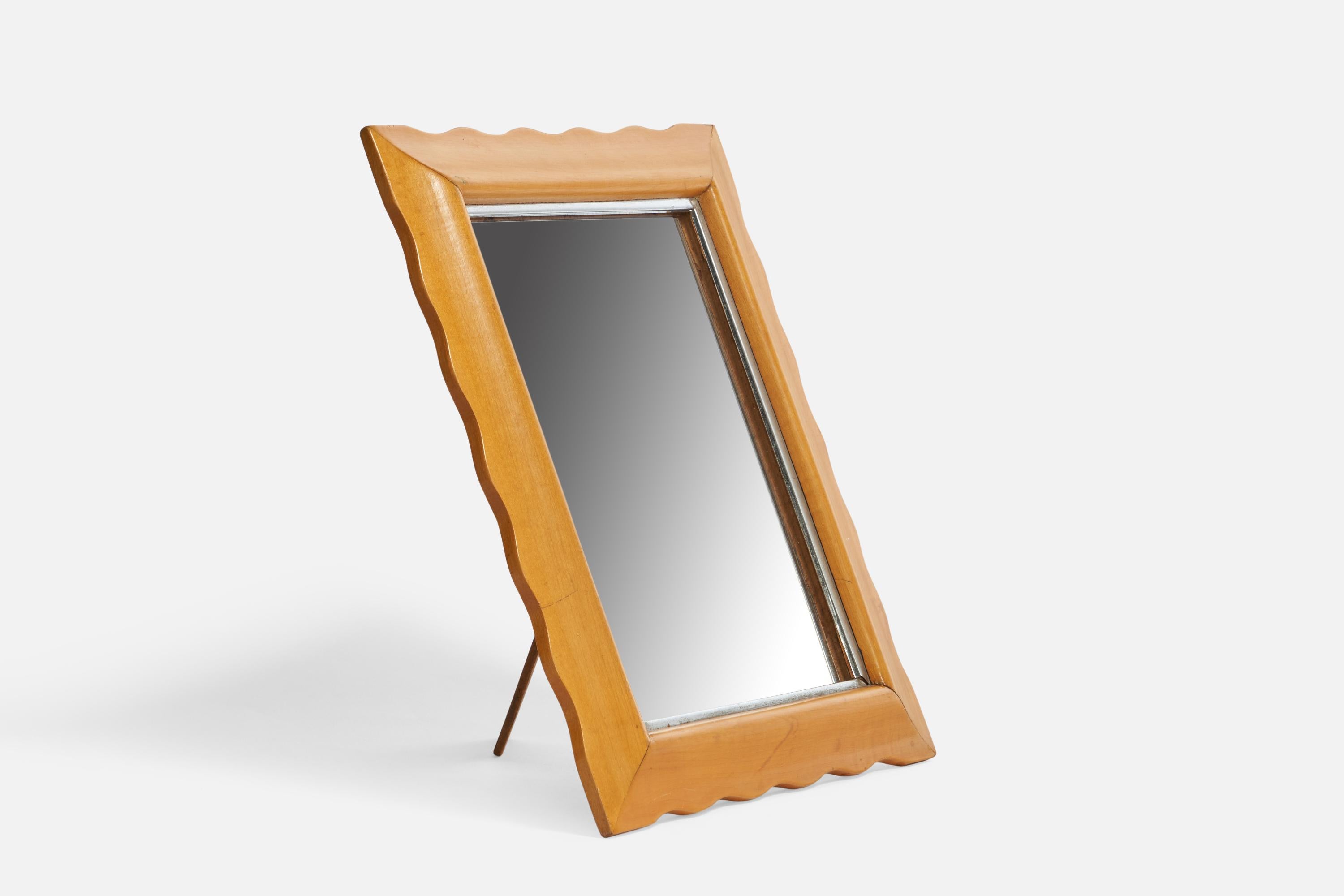 A wood and aluminium table or wall mirror designed and produced in Italy, 1940s.
