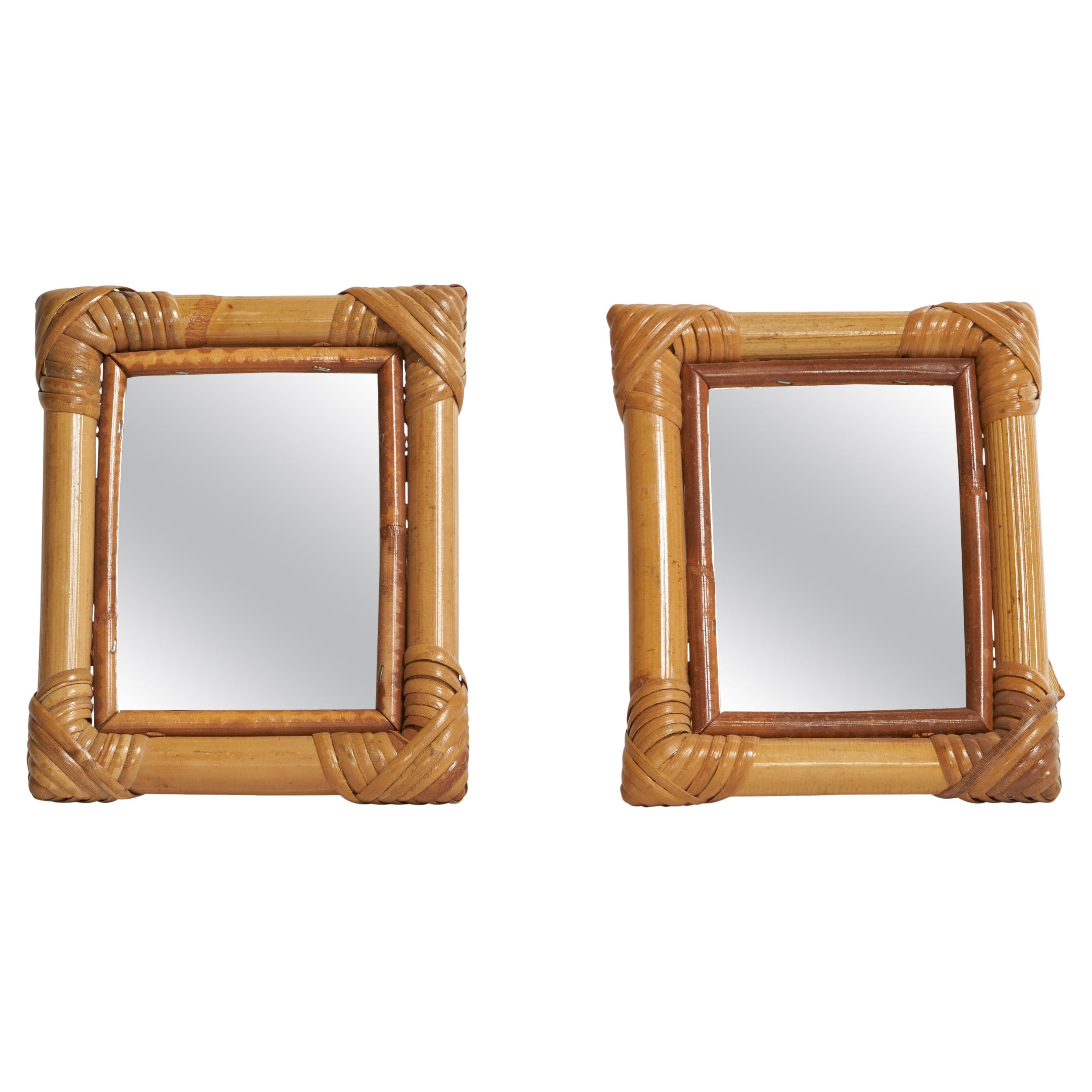 Italian Designer, Table Mirrors, Bamboo, Rattan, Italy, 1970s For Sale