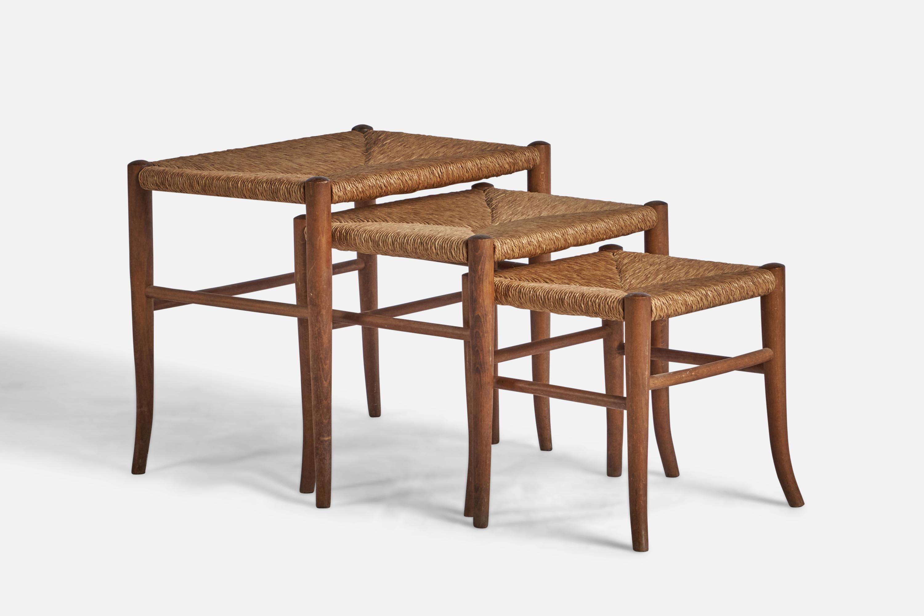 A set of 3 oak and rush stools designed and produced in Italy, 1940s.
Stamped 