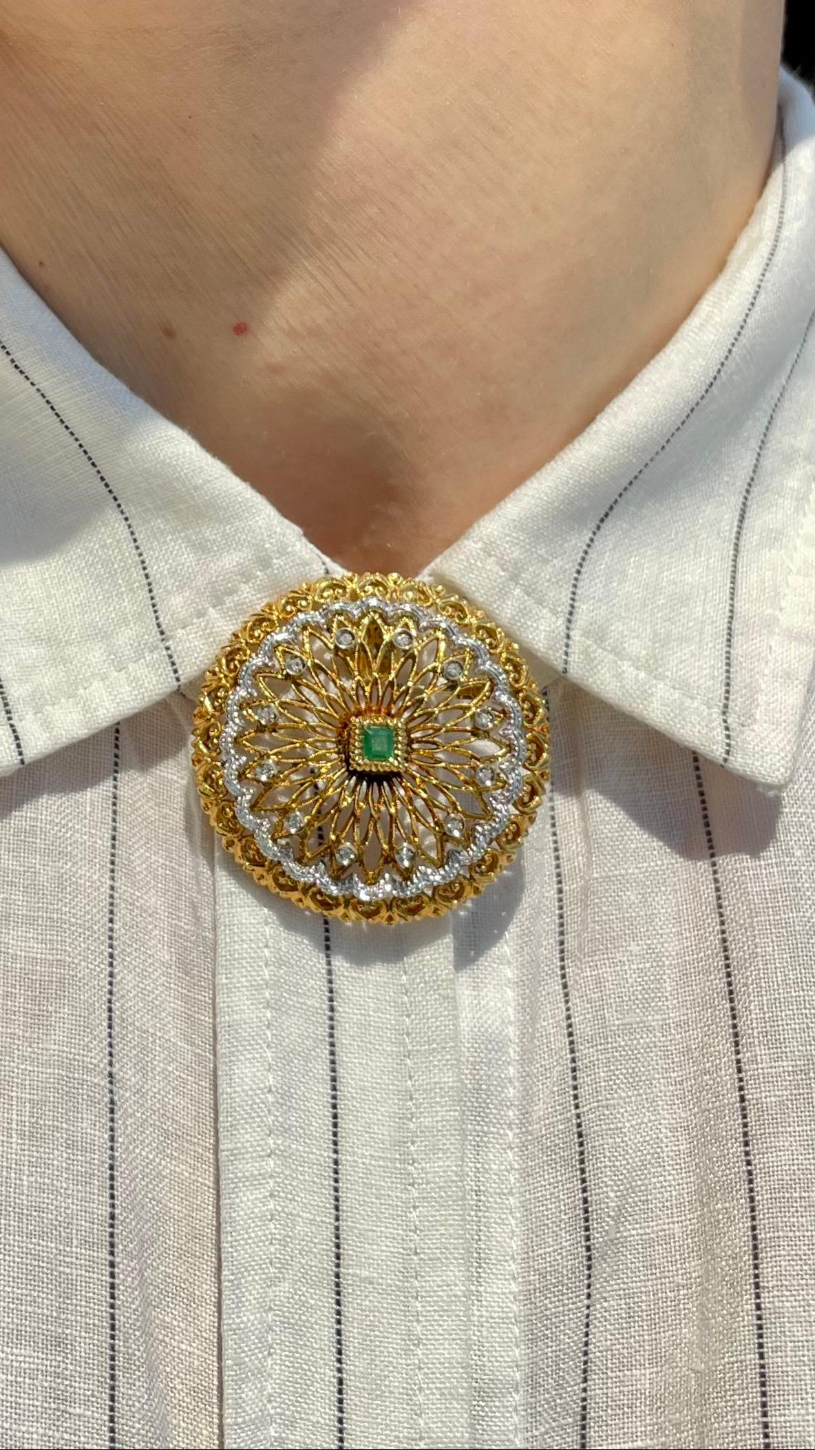 Italian Designer Toliro Emerald and Diamond Convertible 18 Karat Brooch Pendant For Sale 2