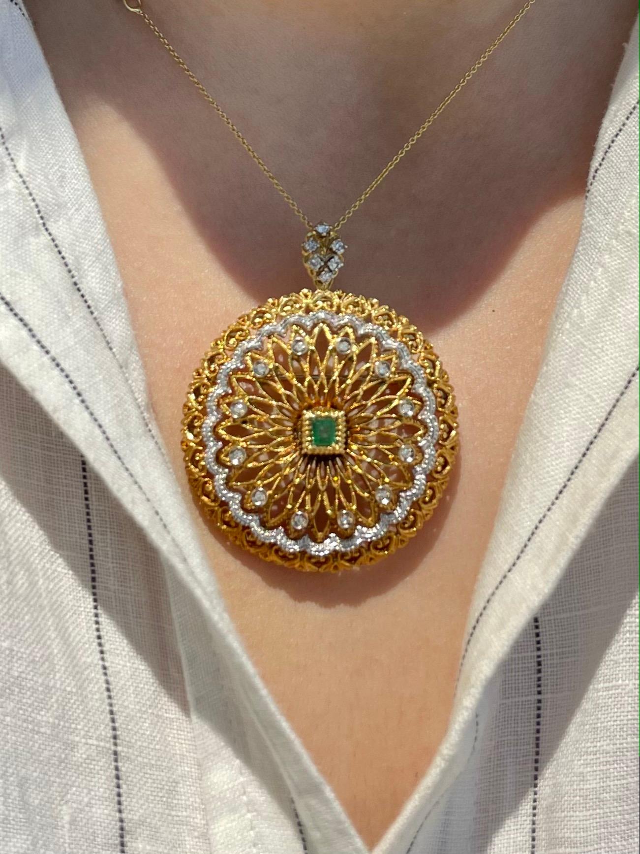 Italian Designer Toliro Emerald and Diamond Convertible 18 Karat Brooch Pendant For Sale 4