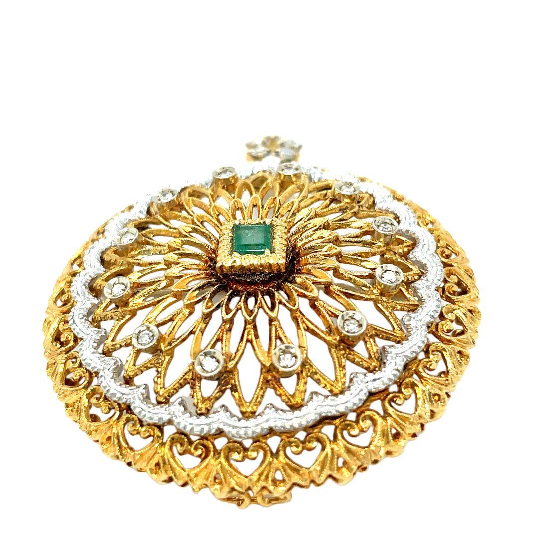 Round Cut Italian Designer Toliro Emerald and Diamond Convertible 18 Karat Brooch Pendant For Sale