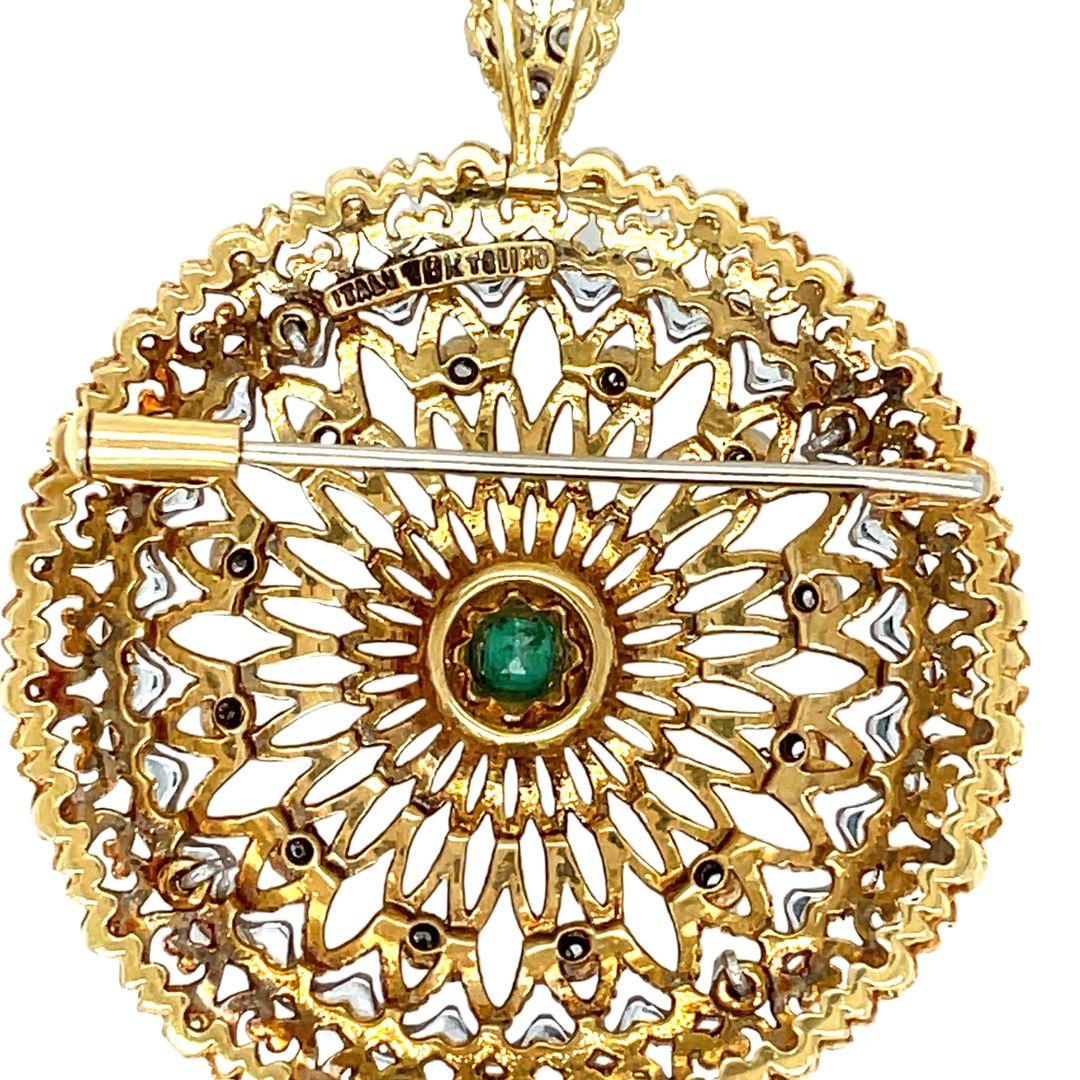 Women's or Men's Italian Designer Toliro Emerald and Diamond Convertible 18 Karat Brooch Pendant For Sale