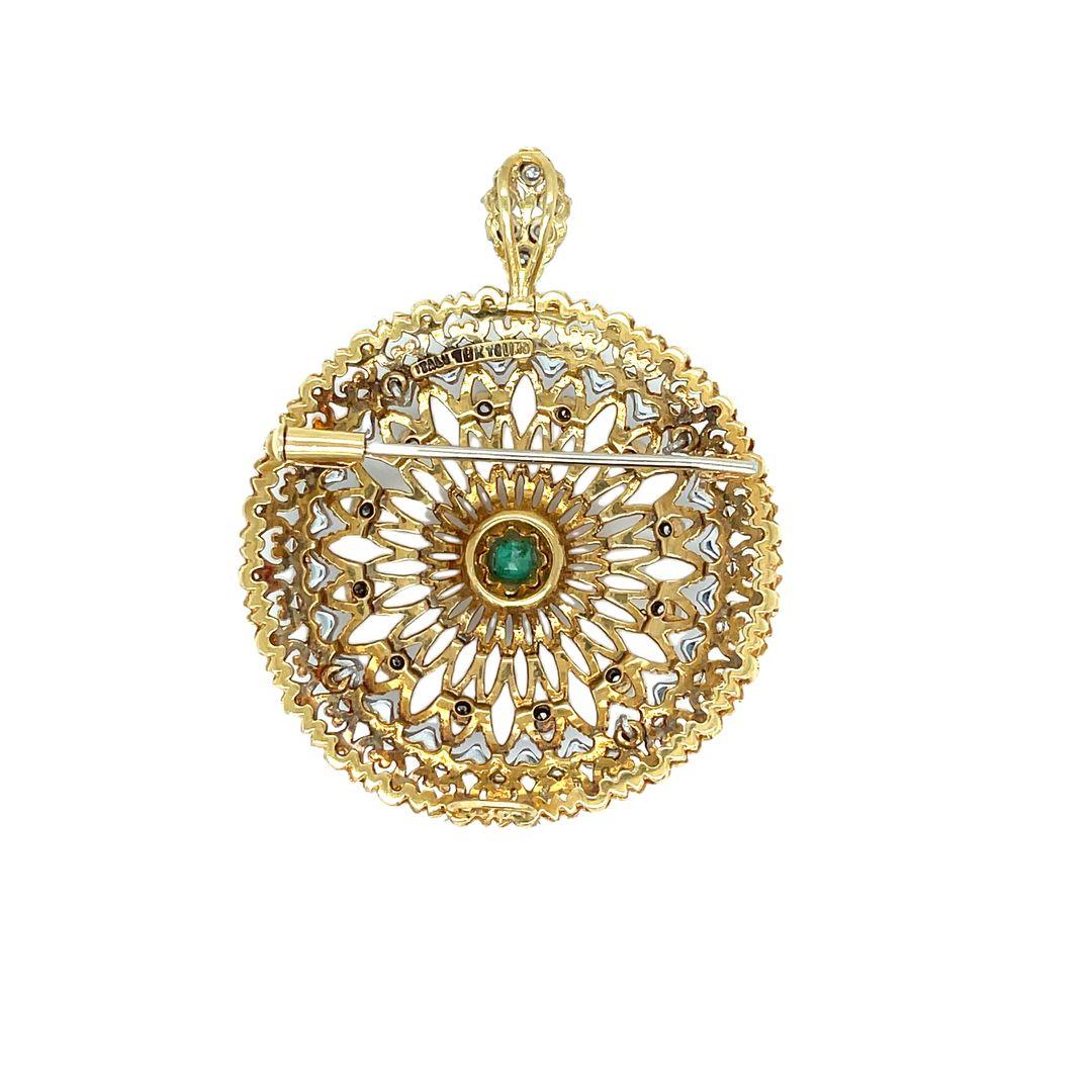 Italian Designer Toliro Emerald and Diamond Convertible 18 Karat Brooch Pendant For Sale 1
