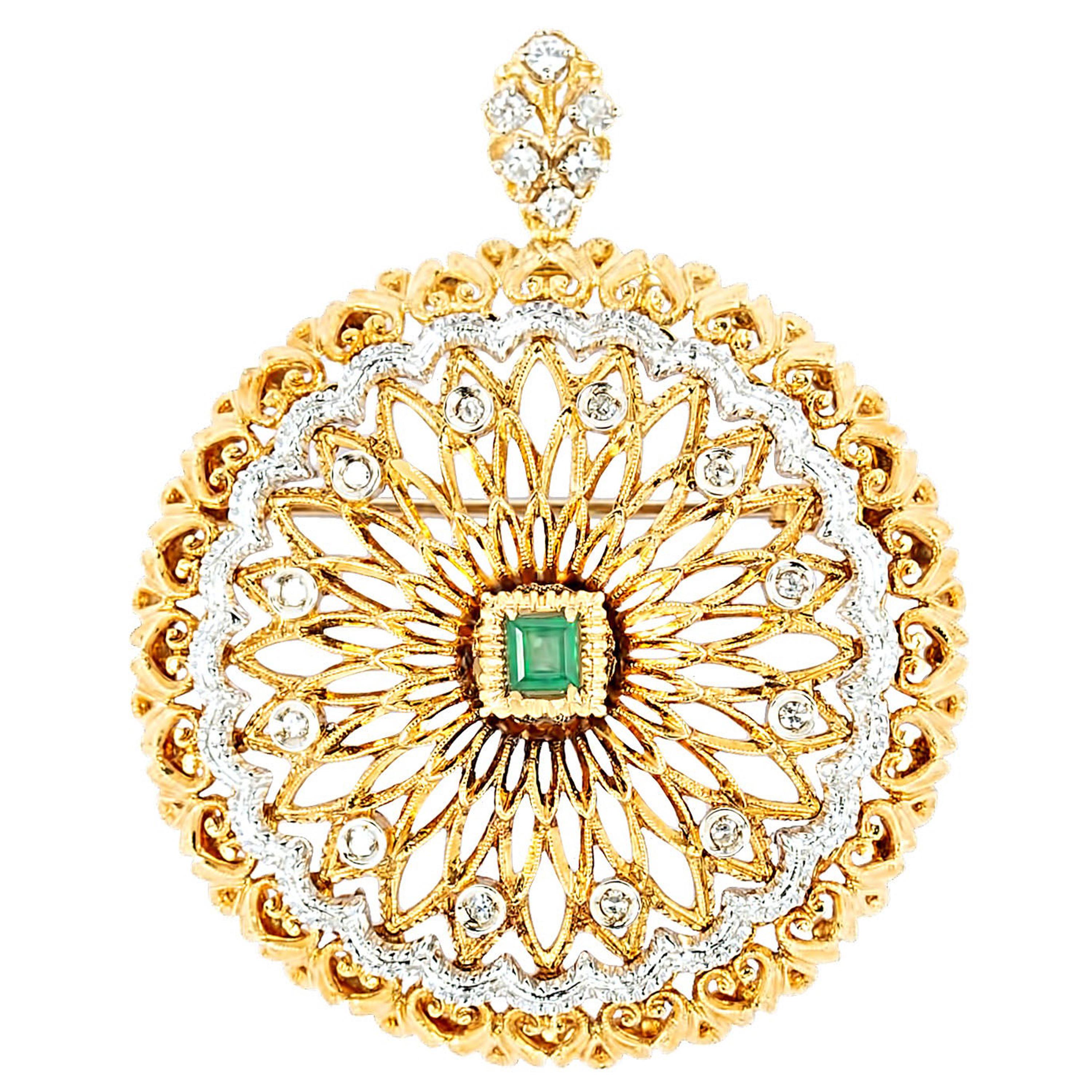This versatile piece features a gorgeous open work spherical design fabricated in 18 karat yellow and white gold highlighting a vibrant green emerald center weighing approximately .20 carats and brightened by a halo of twelve collet set round