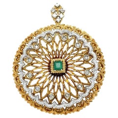 Italian Designer Toliro Emerald and Diamond Convertible 18 Karat Brooch Pendant