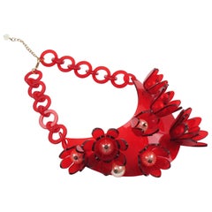 Italian Designer Transparent Red Lucite Bib Necklace Huge Flowers and Pearl