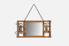 Italian Designer, Wall Coat Rack with Mirror, Rattan, Bamboo, Italy, c. 1950s