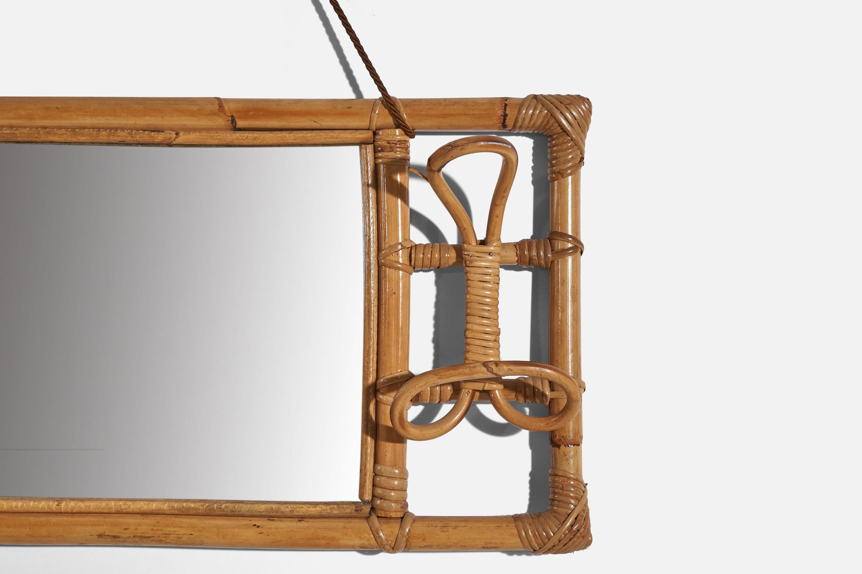 Mid-Century Modern Italian Designer, Wall Coat Rack with Mirror, Rattan, Bamboo, Italy, c. 1950s For Sale