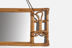 Italian Designer, Wall Coat Rack with Mirror, Rattan, Bamboo, Italy, c. 1950s