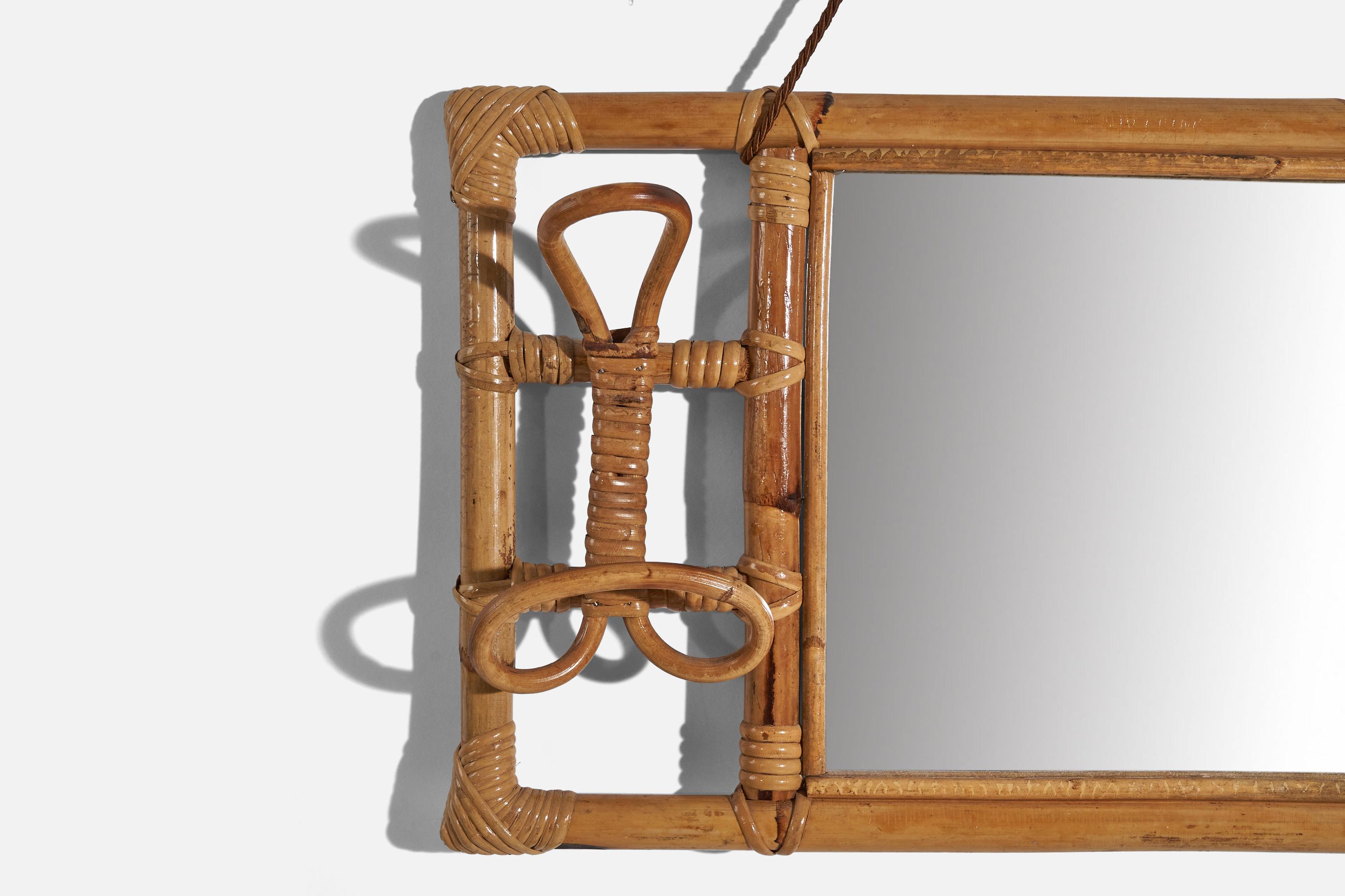 Italian Designer, Wall Coat Rack with Mirror, Rattan, Bamboo, Italy, c. 1950s In Good Condition For Sale In High Point, NC